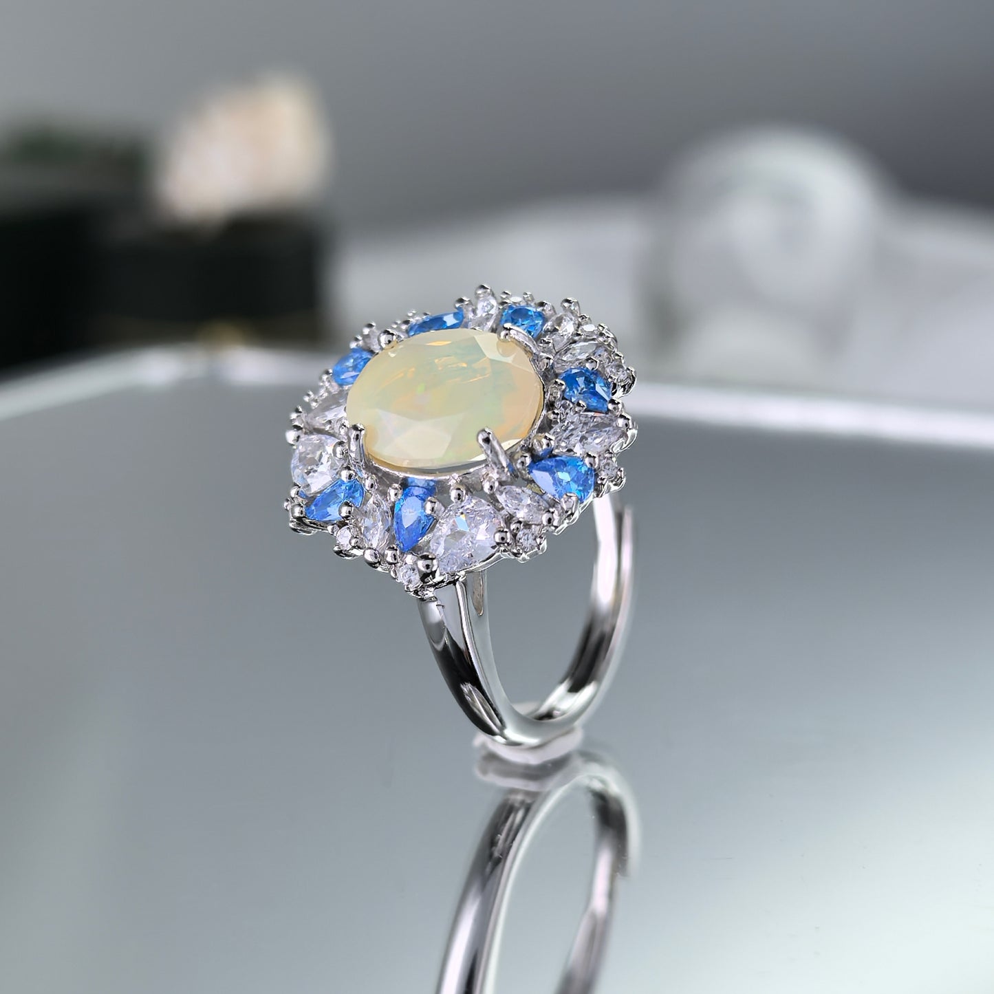 Sparkling Rhodium Plated Silver 925 Jewelry Natural Opal Ring for Women Fine Rings