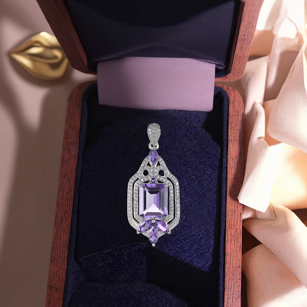 Delicate Rhodium Plated 925 Silver Pendant with Emerald Cut Natural Amethyst