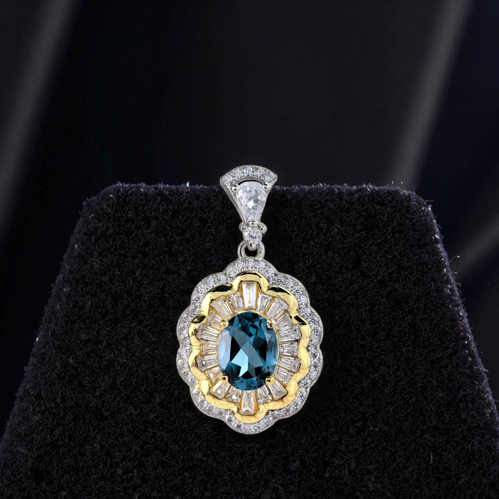 Graceful 925 Sterling Silver Natural London Blue Topaz Flower Pendant Dual Color Plated