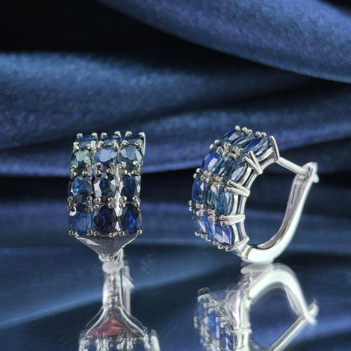 Noble Rhodium Plated Silver 925 Jewelry Natural Sapphire Hoop Earrings