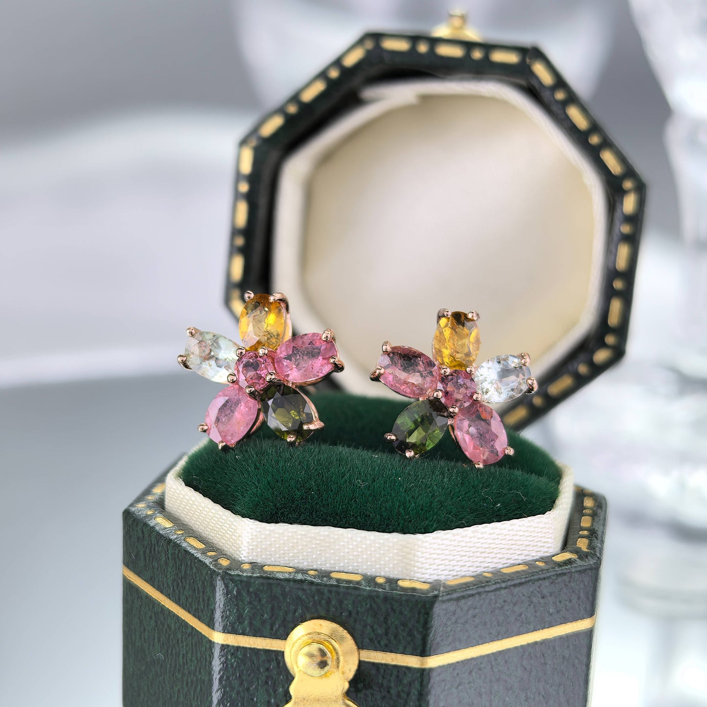 Rose Gold Plated 925 Prata Natural Tourmaline Stud Earrings