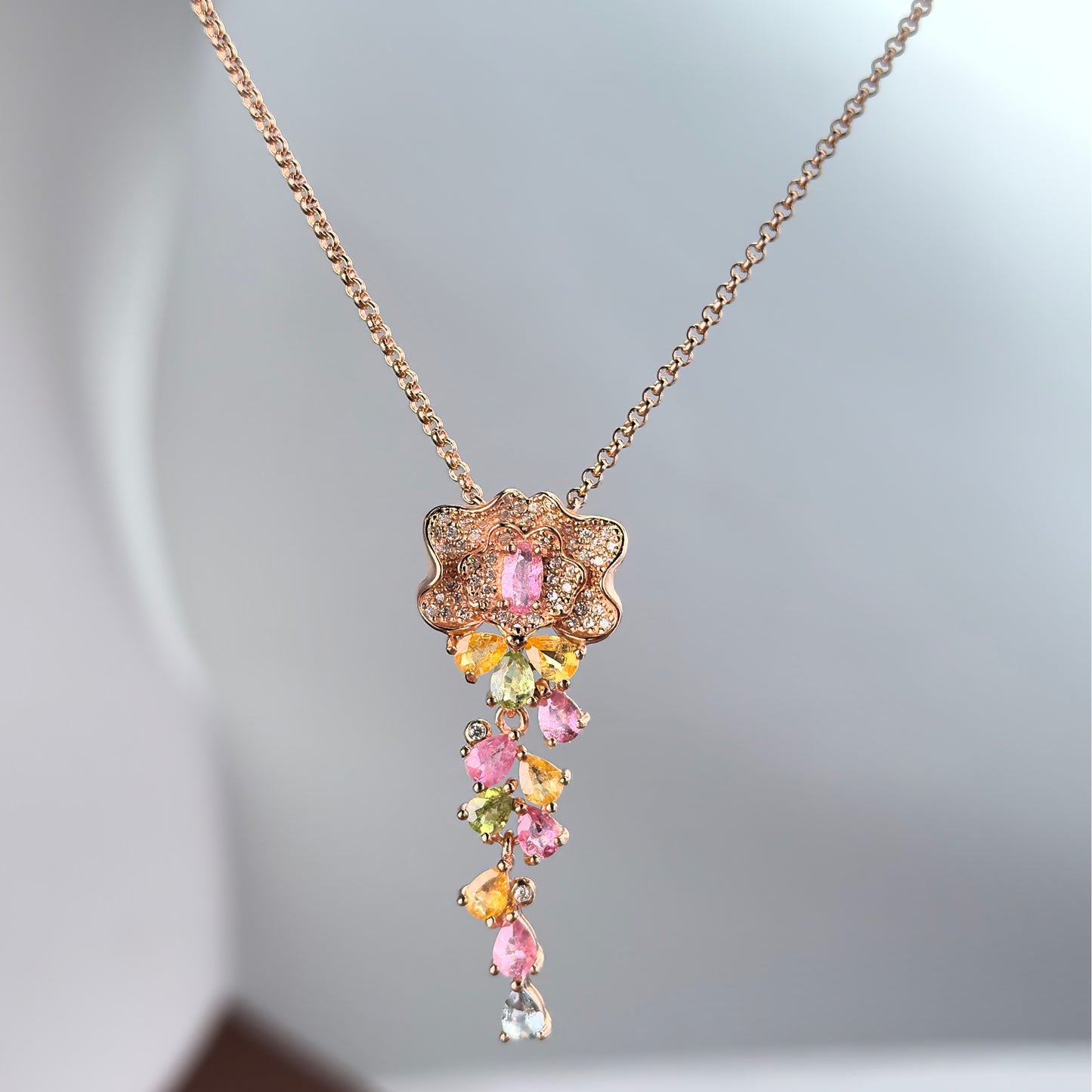 Graceful Rose Gold Plated 925 Silver Jewelry Natural Tourmaline Flower Necklace