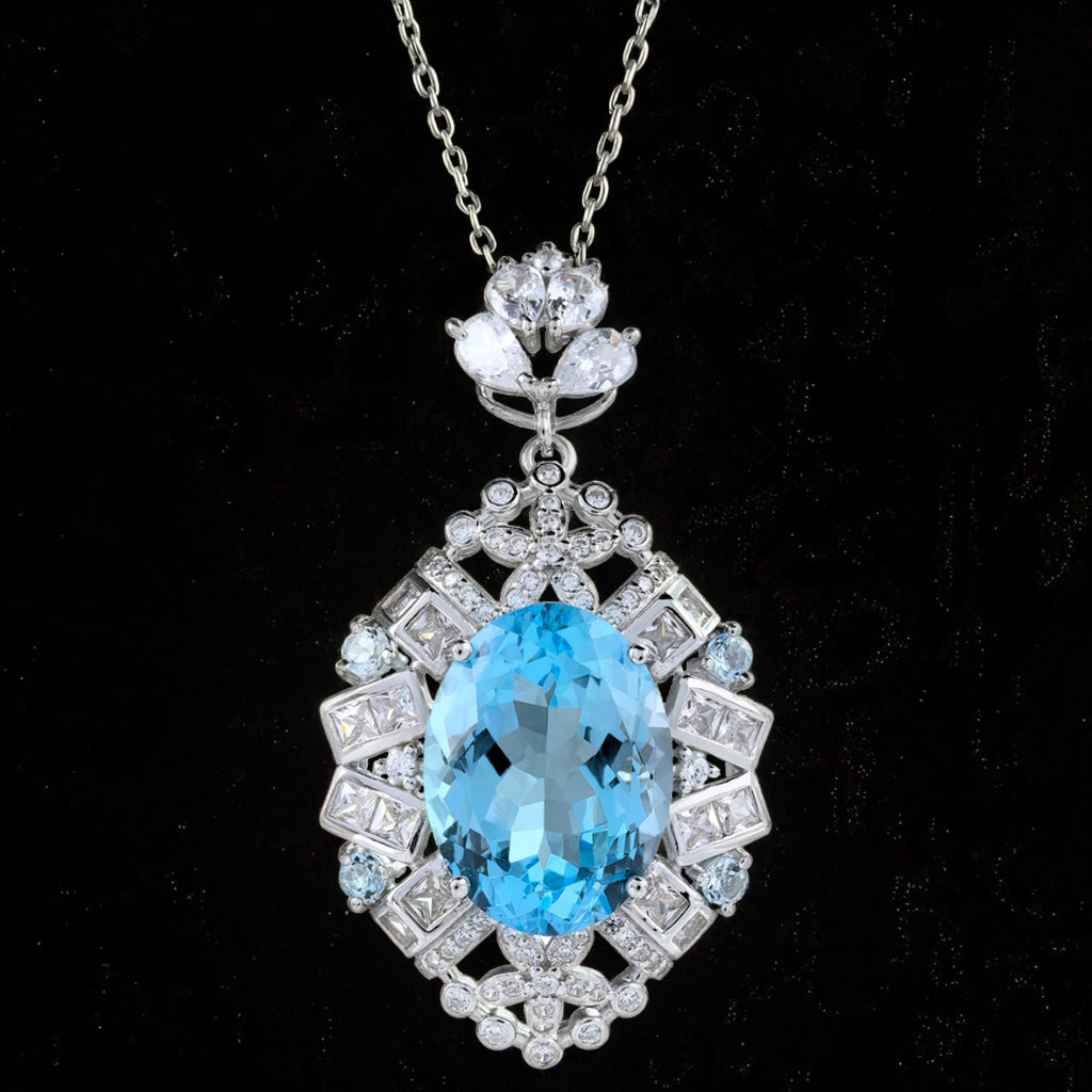 Unique Rhodium Plated 925 Sterling Silver Natural Sky Blue Topaz Pendant