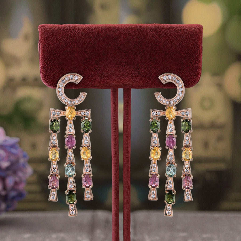 Unique C Shaped Rose Gold Plated 925 Sterling Silver Natural Tourmaline Drop Earrings