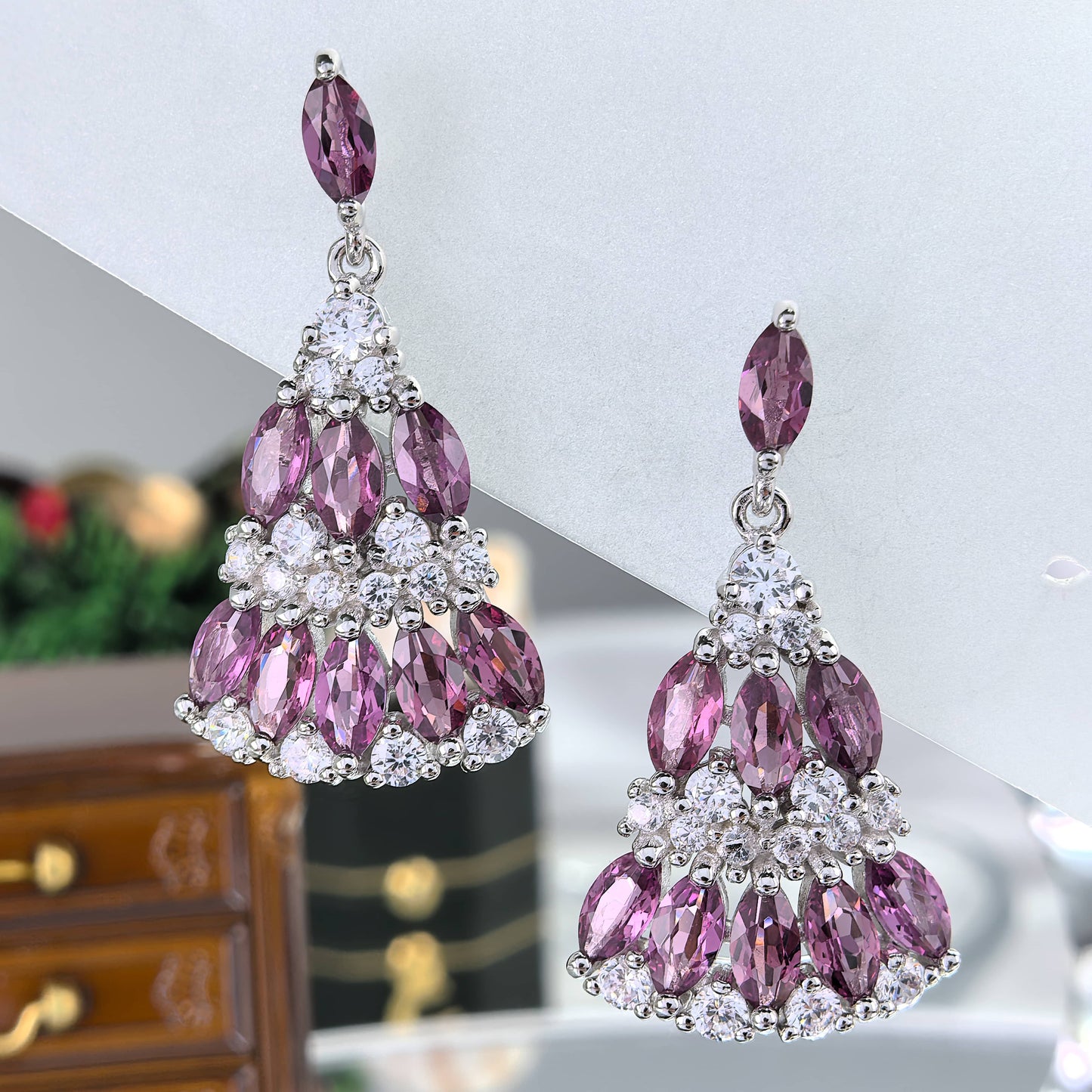 Delicate S925 Silver Rhodium Plated Natural Pyrope Skirt Drop Earrings