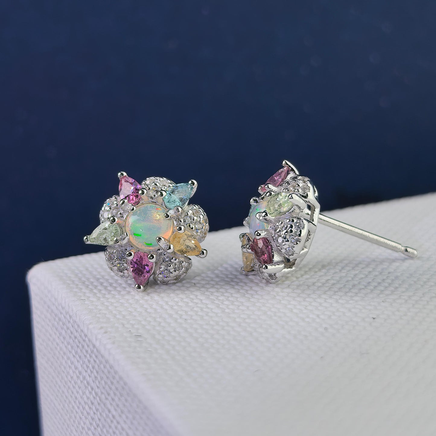 Elegant Rhodium Plated 925 Silver Jewelry Natural Opal Flower Stud Earrings