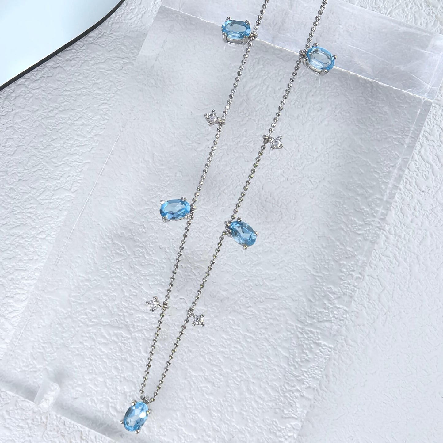 Elegant Rhodium Plated Silver 925 Natural Swiss Blue Topaz/London Blue Topaz Necklace