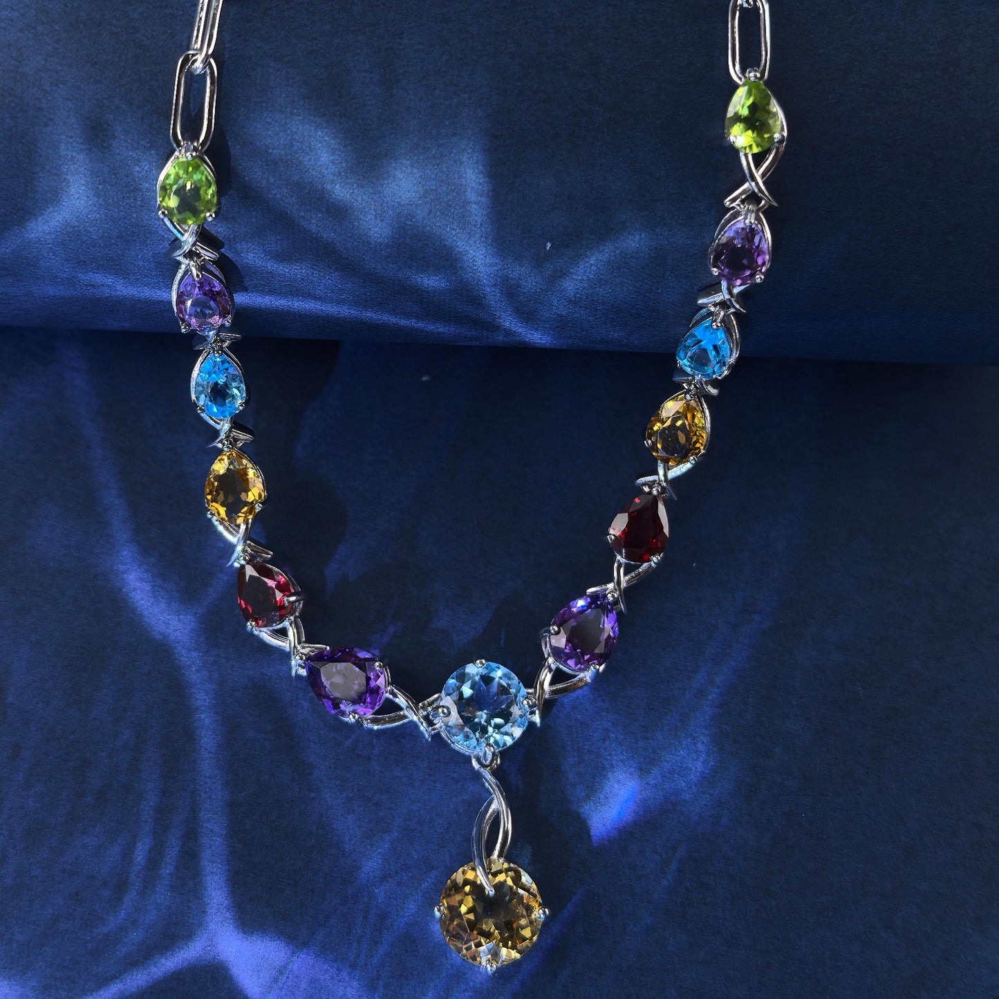 Luxurious Rhodium Plated Silver 925 Jewelry Multiple Natural Gemstone Necklace