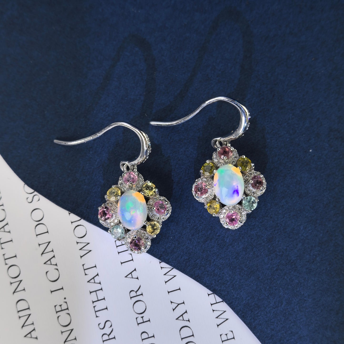 Delicate Rhodium Plated 925 Silver Jewelry Natural Opal Flower Drop Earrings