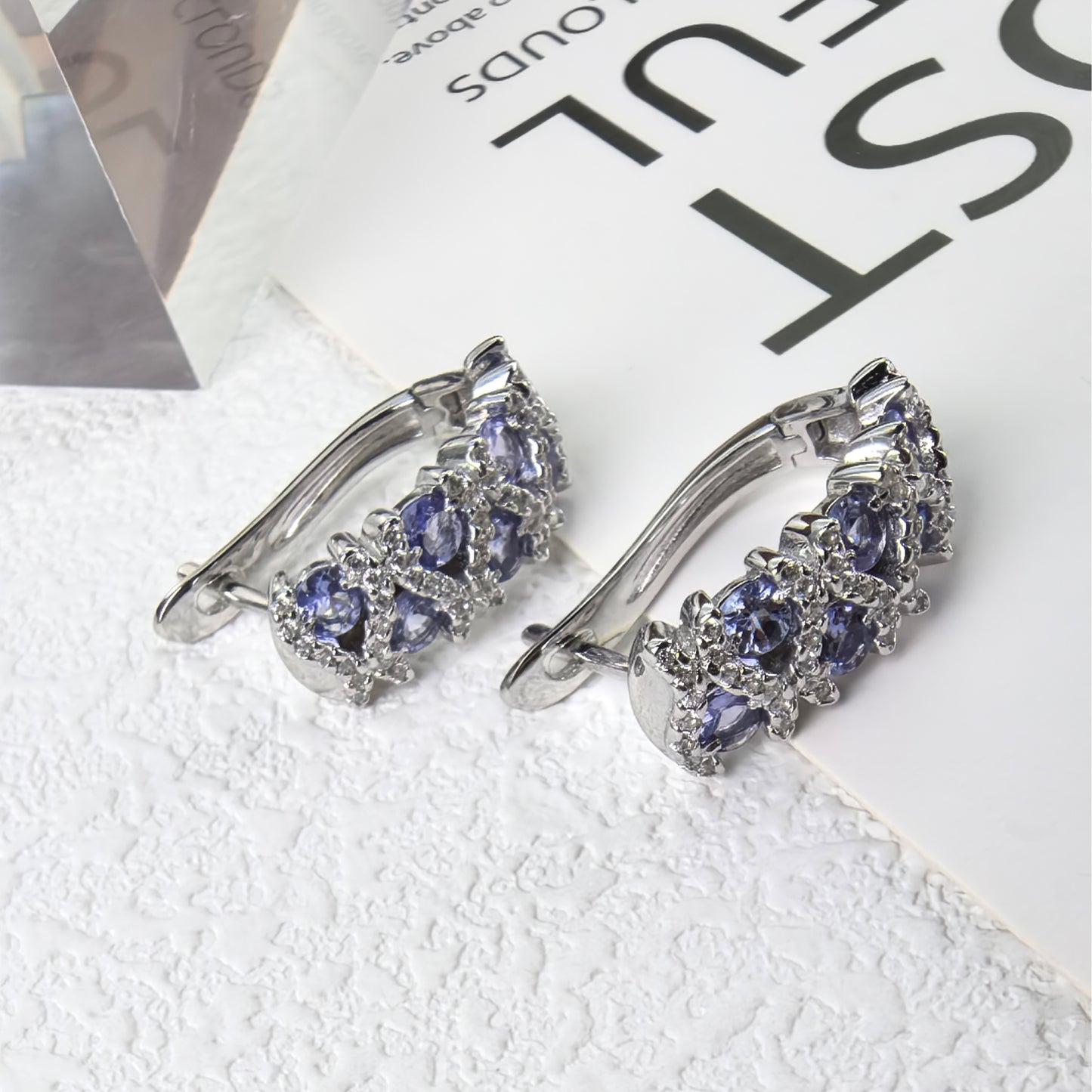 Exquisite Rhodium Plated Silver 925 Jewelry Natural Tanzanite Hoop Earrings