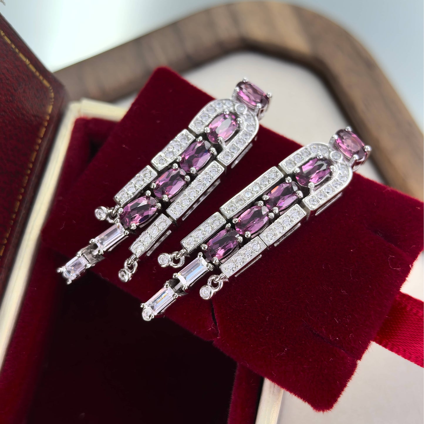 Rhodium Plated 925 Silver Jewelry Natural Pyrope Drop Statement Earrings