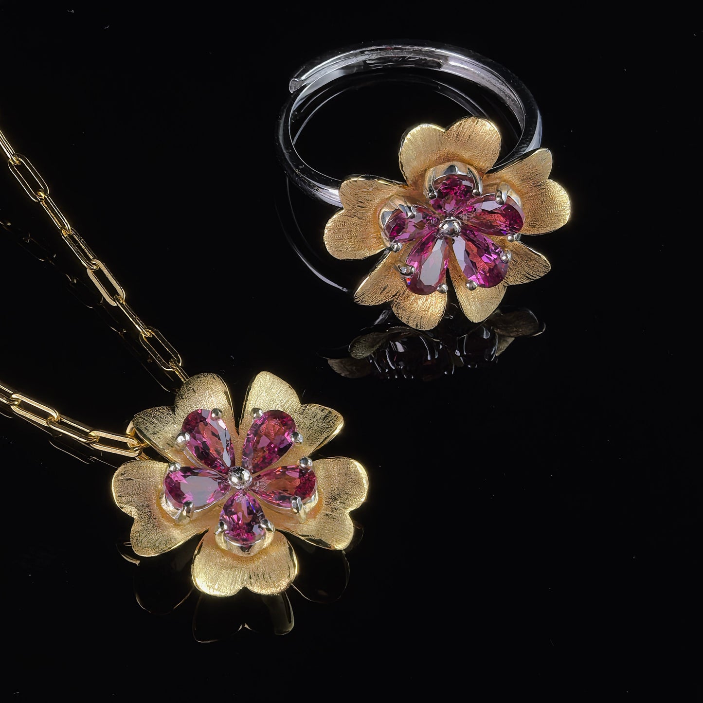 Elegant Dual Color Plated Silver 925 Jewelry Natural Pyrope Flower Jewelry Set