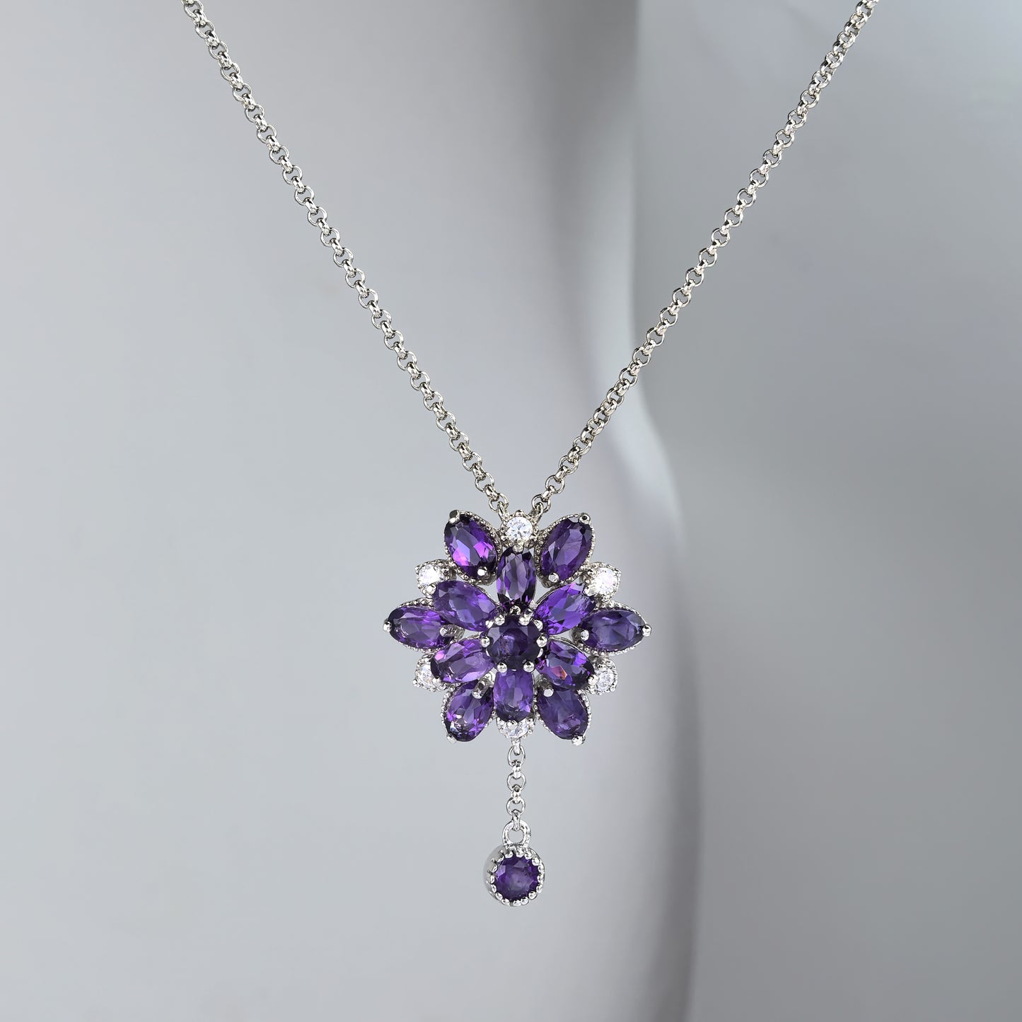 Dazzling Rhodium Plated Silver 925 Jewelry Natural Amethyst Flower Necklace