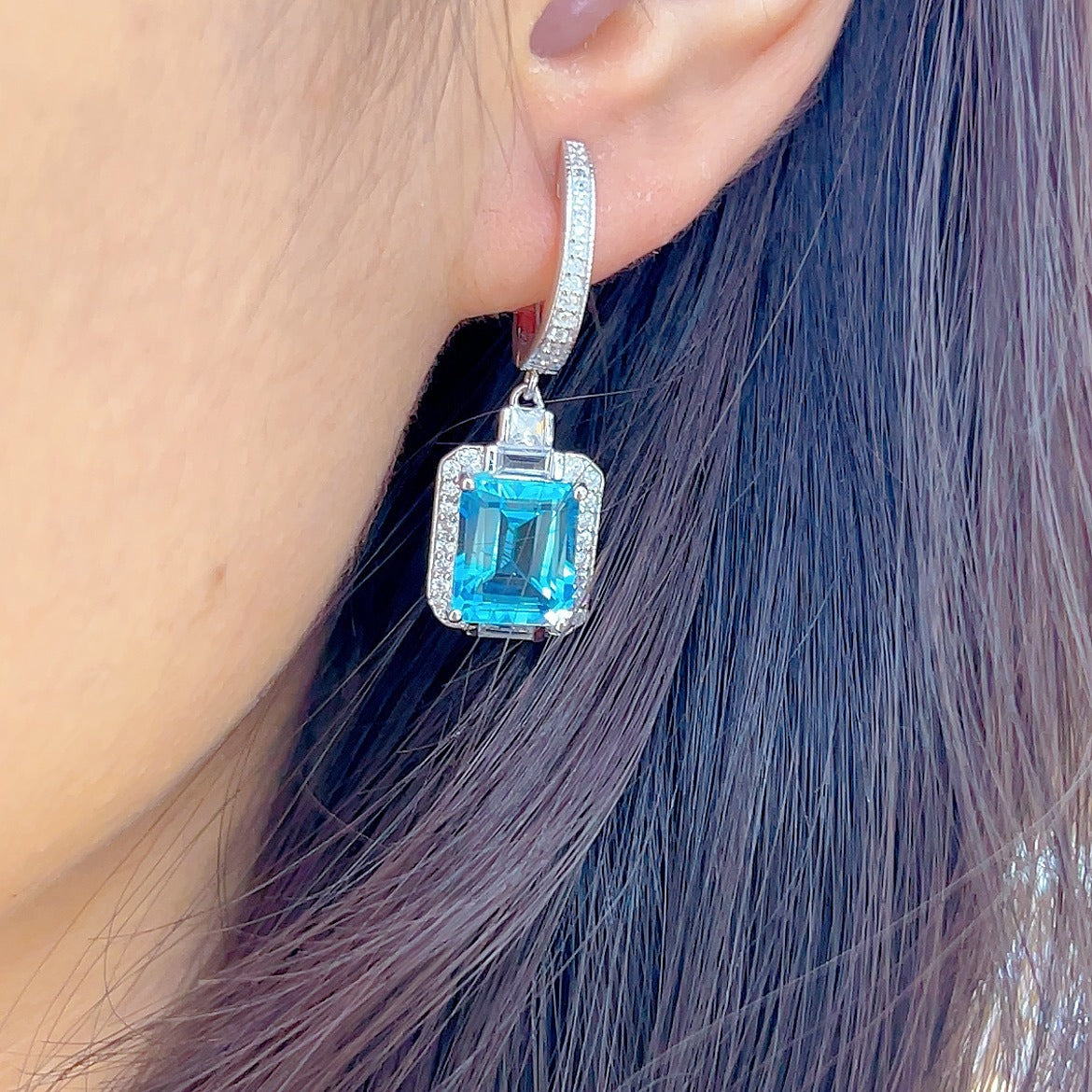 Dazzling Rhodium Plated 925 Silver Jewelry Natural Sky Blue Topaz Drop Earrings