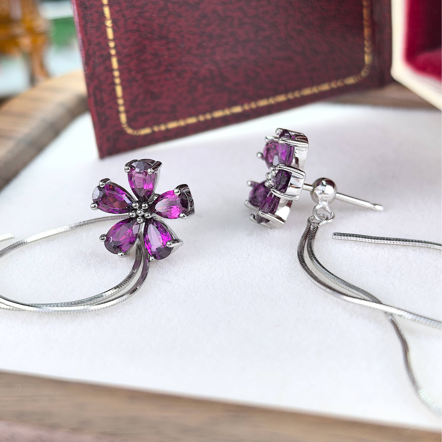 Charming Rhodium Plated S925 Silver Pyrope Flower Stud Earrings