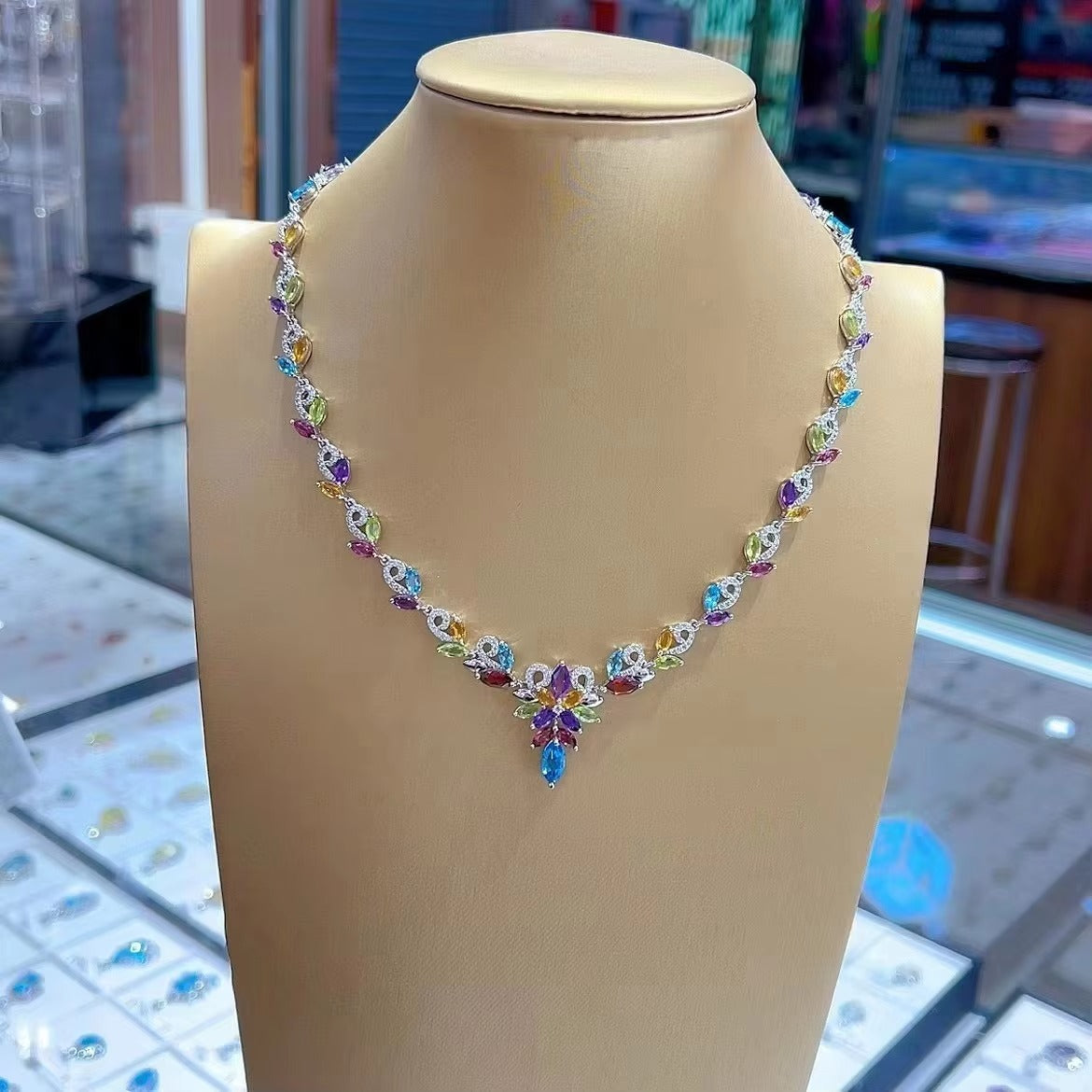 Luxurious Rhodium Plated Silver 925 Jewelry Multiple Natural Gemstone Necklace