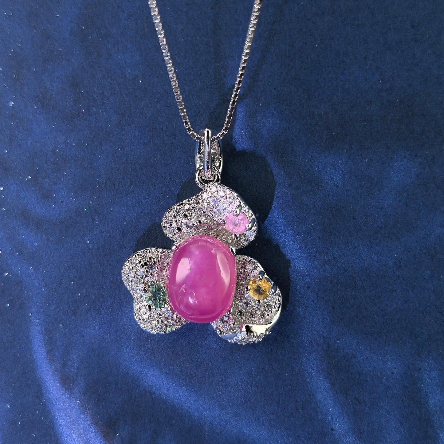 Elegant Rhodium Plated 925 Silver Jewelry Glassfilled Ruby Flower Pendant