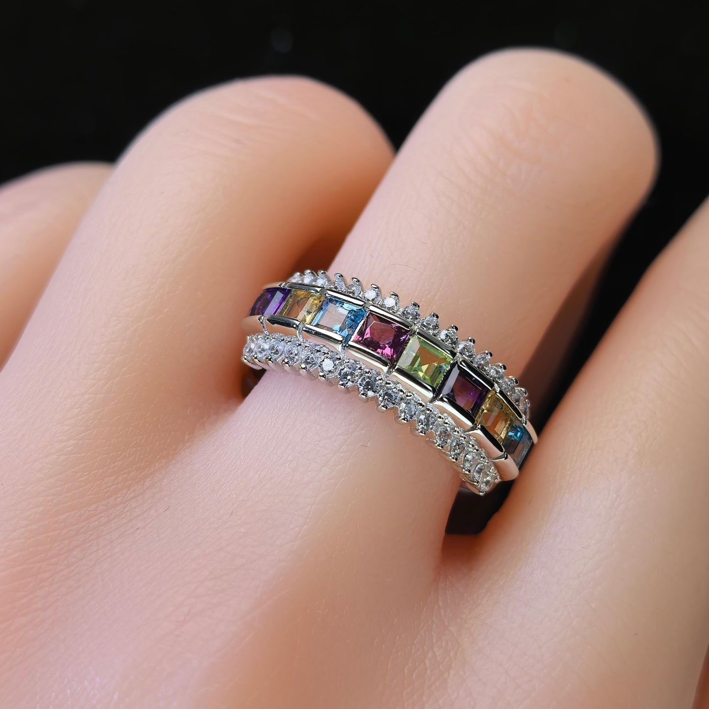 Exquisite Rhodium Plated 925 Silver Jewelry Multiple Natural Gemstone Ring
