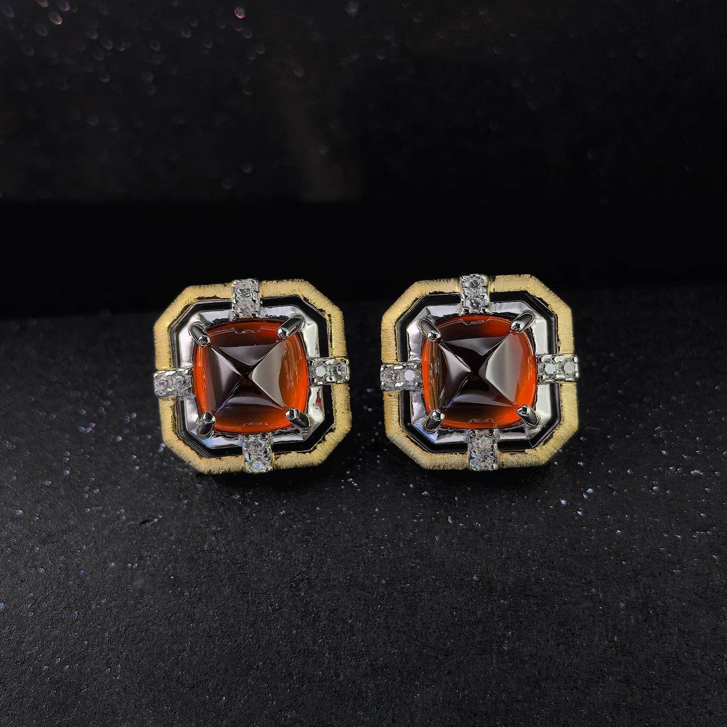 Vintage Dual Color Plated 925 Silver Jewelry Natural Mandarin Garnet Stud Earrings