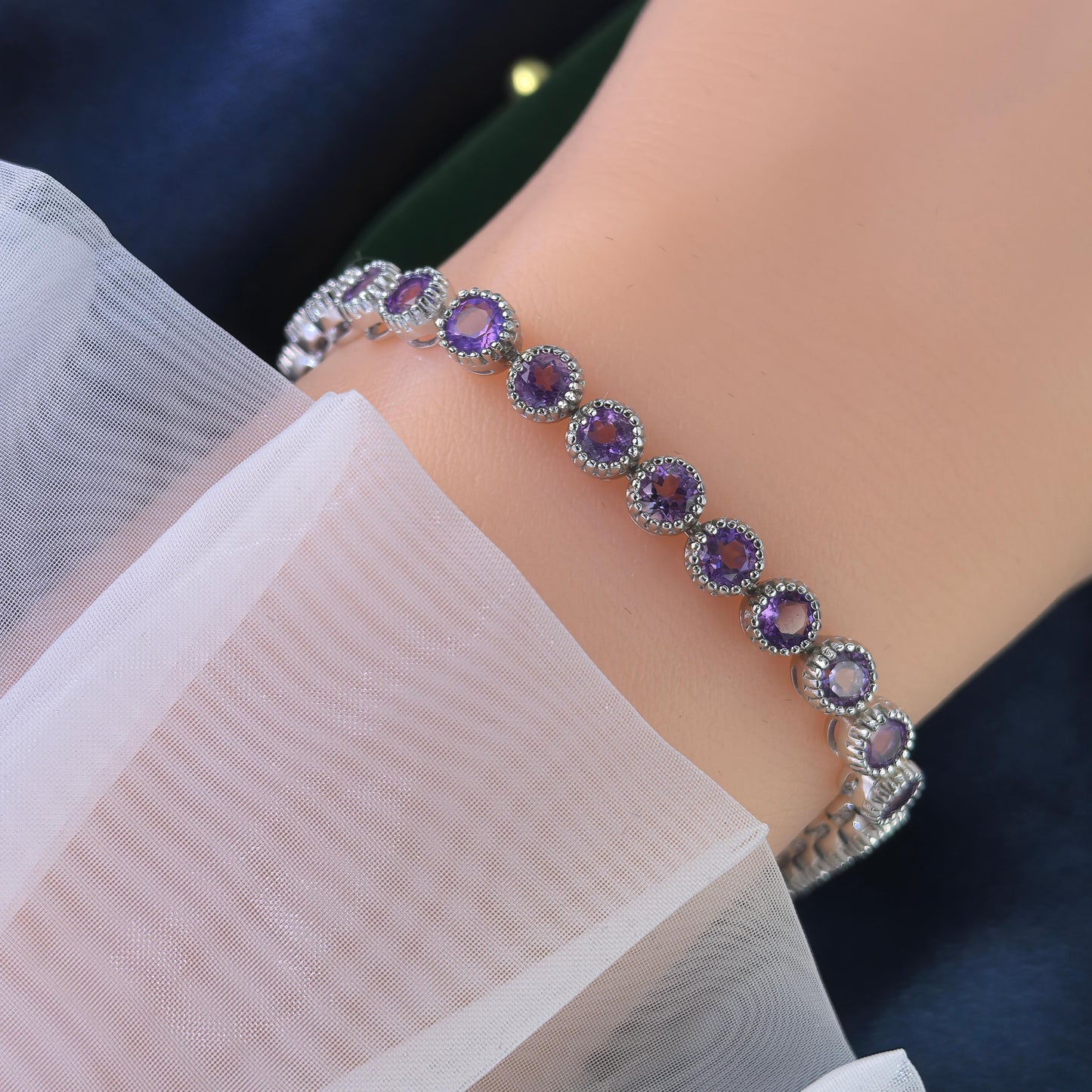 Elegant Rhodium Plated Silver 925 Jewelry Natural Amethyst Bracelet