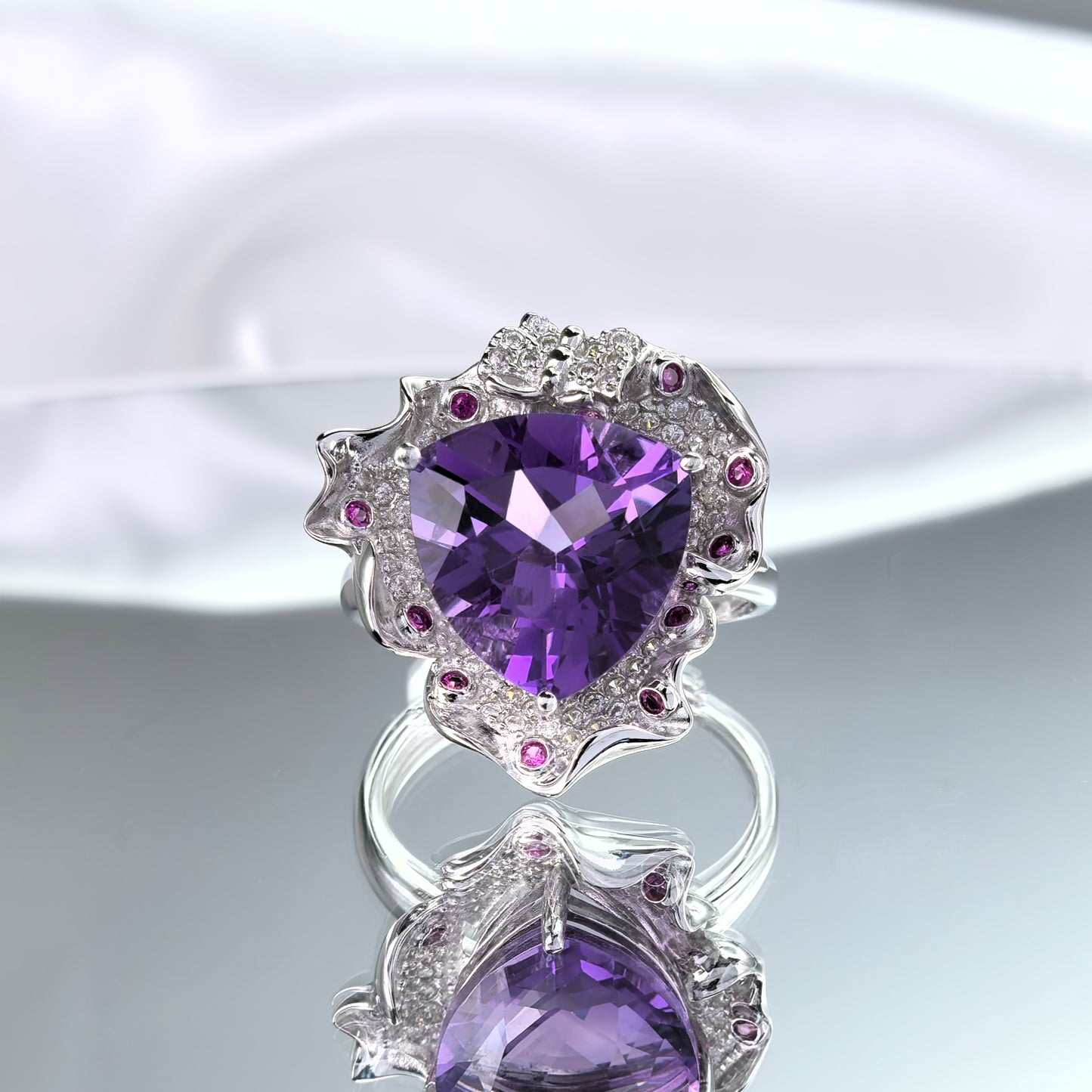 Graceful Rhodium Plated 925 Sterling Silver Natural Amethyst Flower Jewelry Set