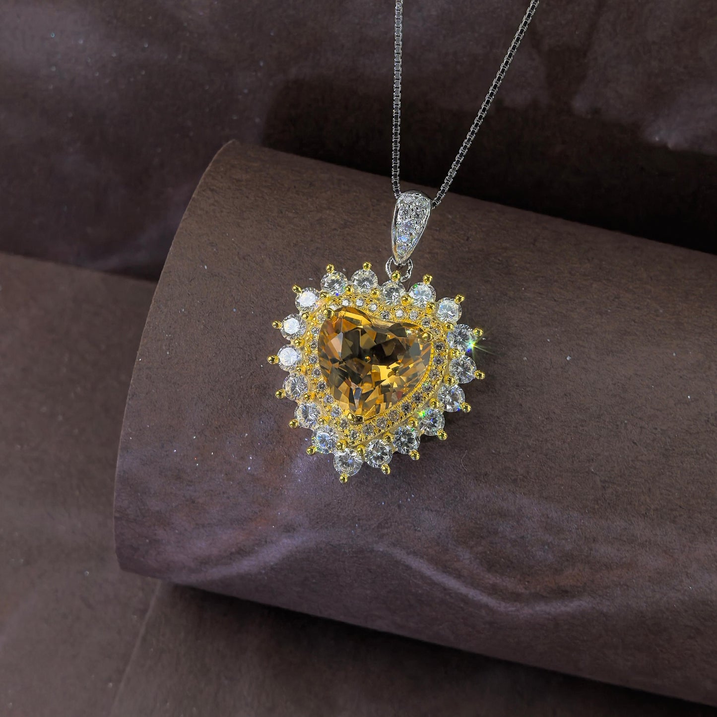 Elegant 925 Silver Natural Citrine Heart Pendant Dual Color Plated