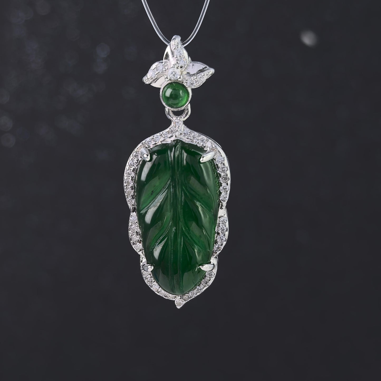 Opulent Rhodium Plated 925 Silver Jewelry Natural Jadeite Leaf Pendant