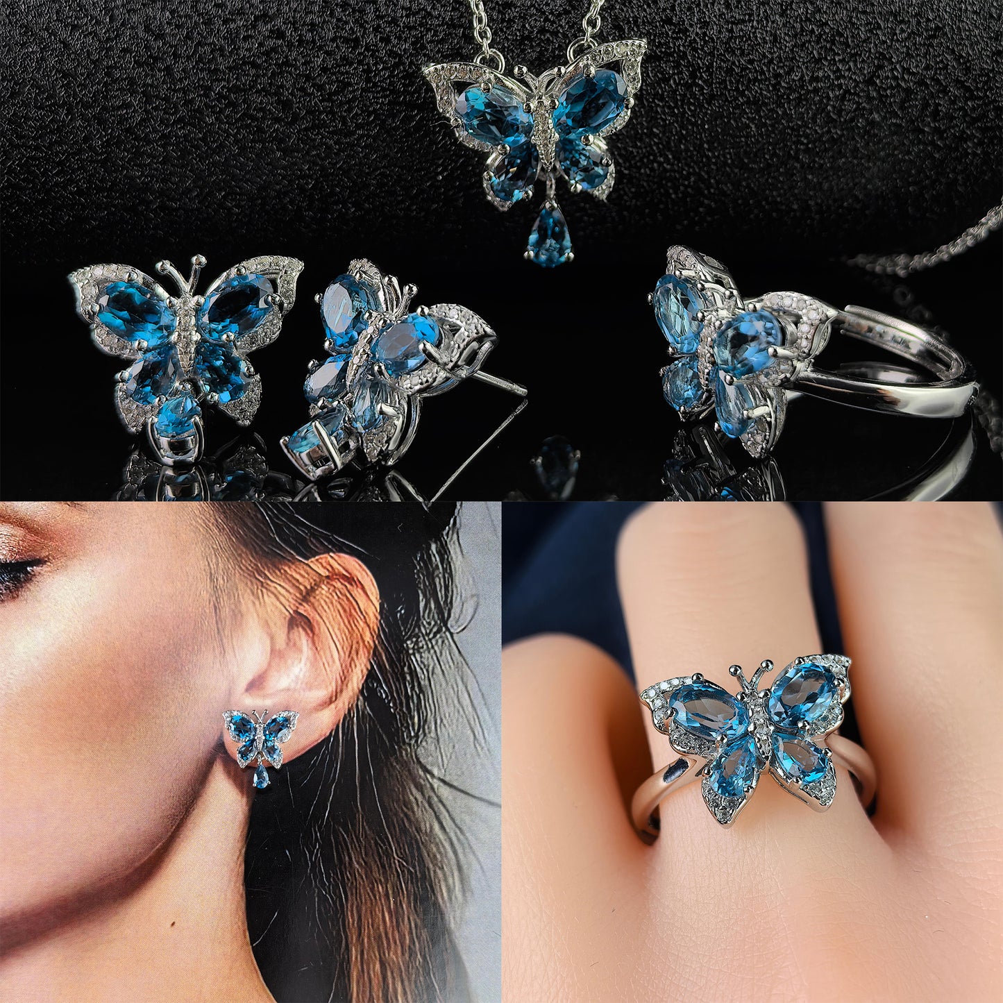 925 Silver Jewelry Rhodium Plated Natural London Blue Topaz Jewelry Set