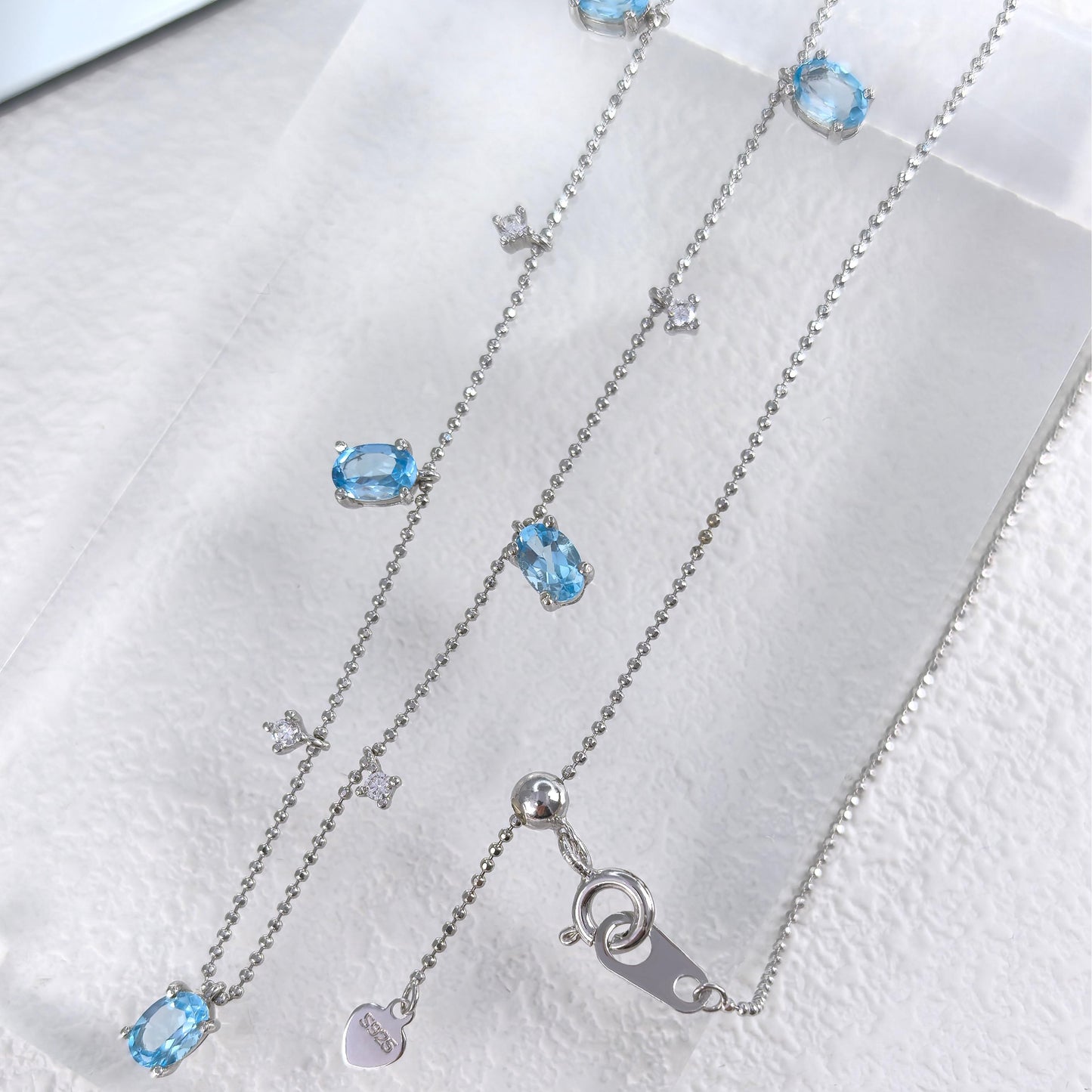 Elegant Rhodium Plated Silver 925 Natural Swiss Blue Topaz/London Blue Topaz Necklace