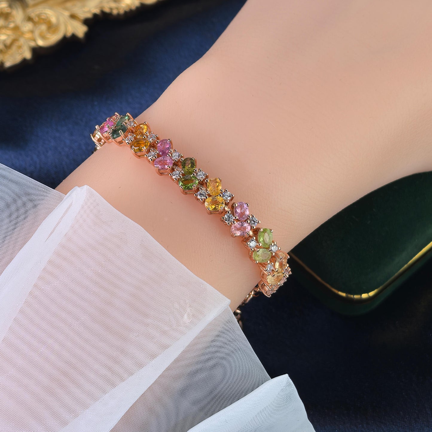 Gorgeous Rose Gold Plated Silver 925 Jewelry Natural Tourmaline Bracelet