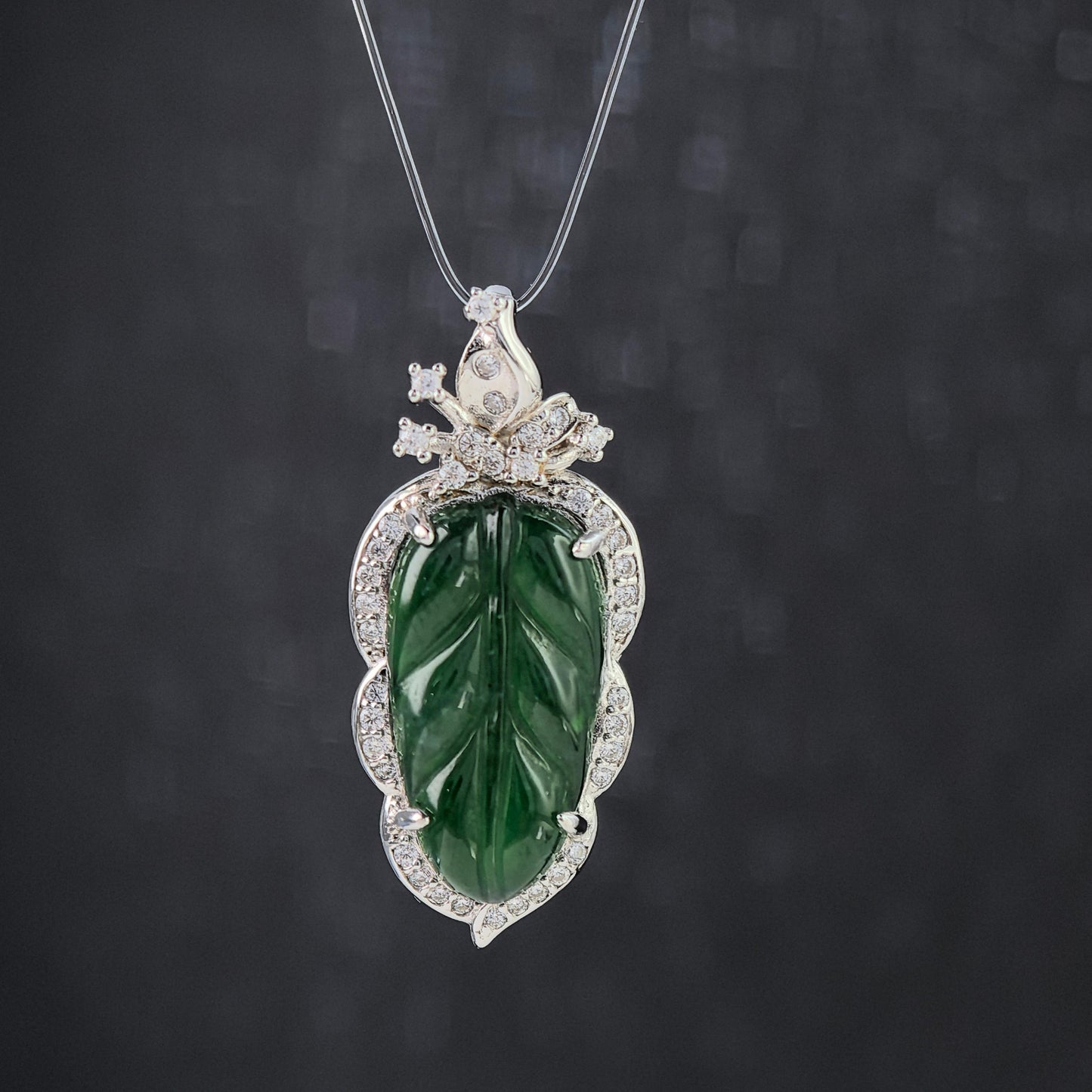 Graceful Rhodium Plated 925 Silver Jewelry Natural Jadeite Leaf Pendant