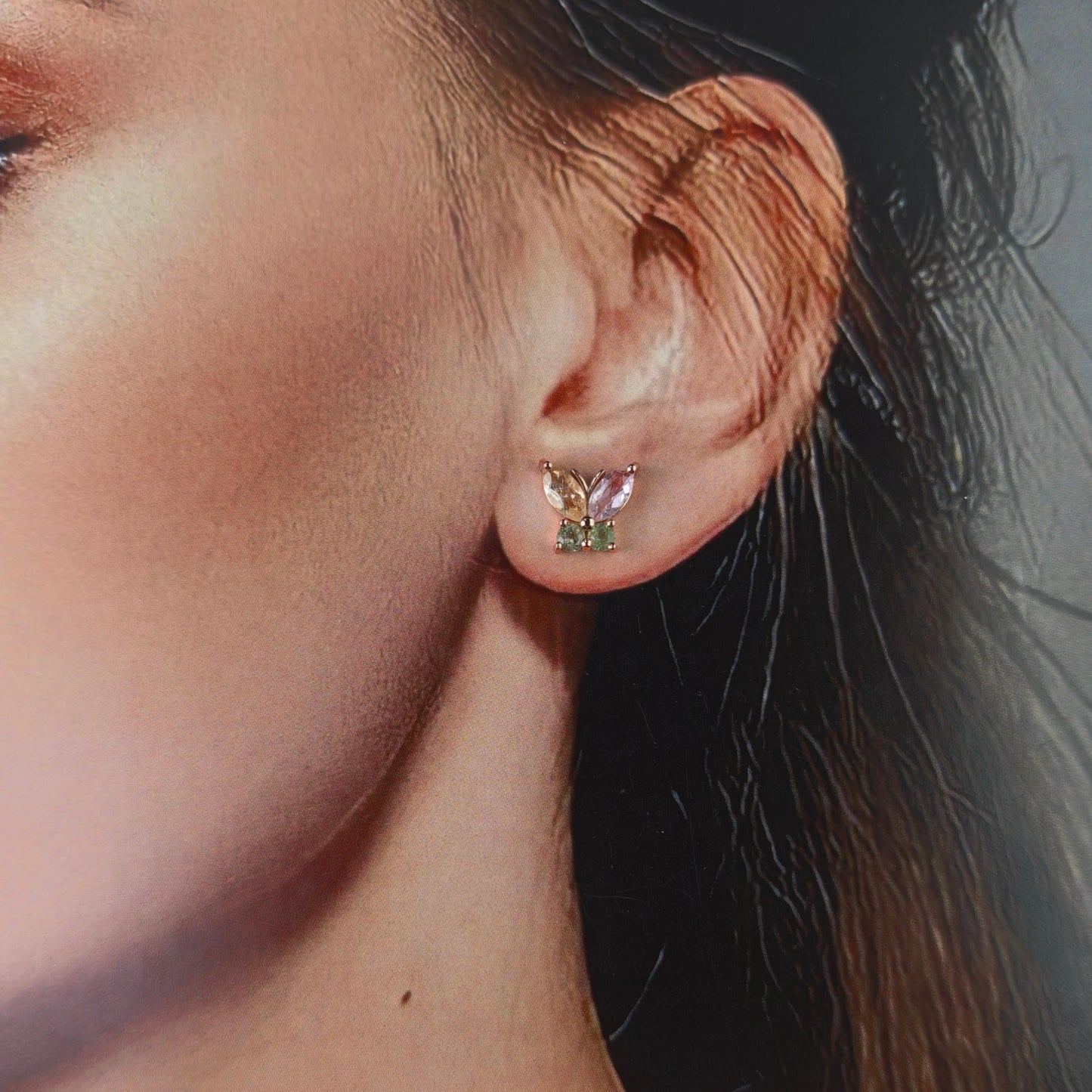 Exquisite Rose Gold Plated 925 Silver Jewelry Natural Tourmaline Butterfly Stud Earrings