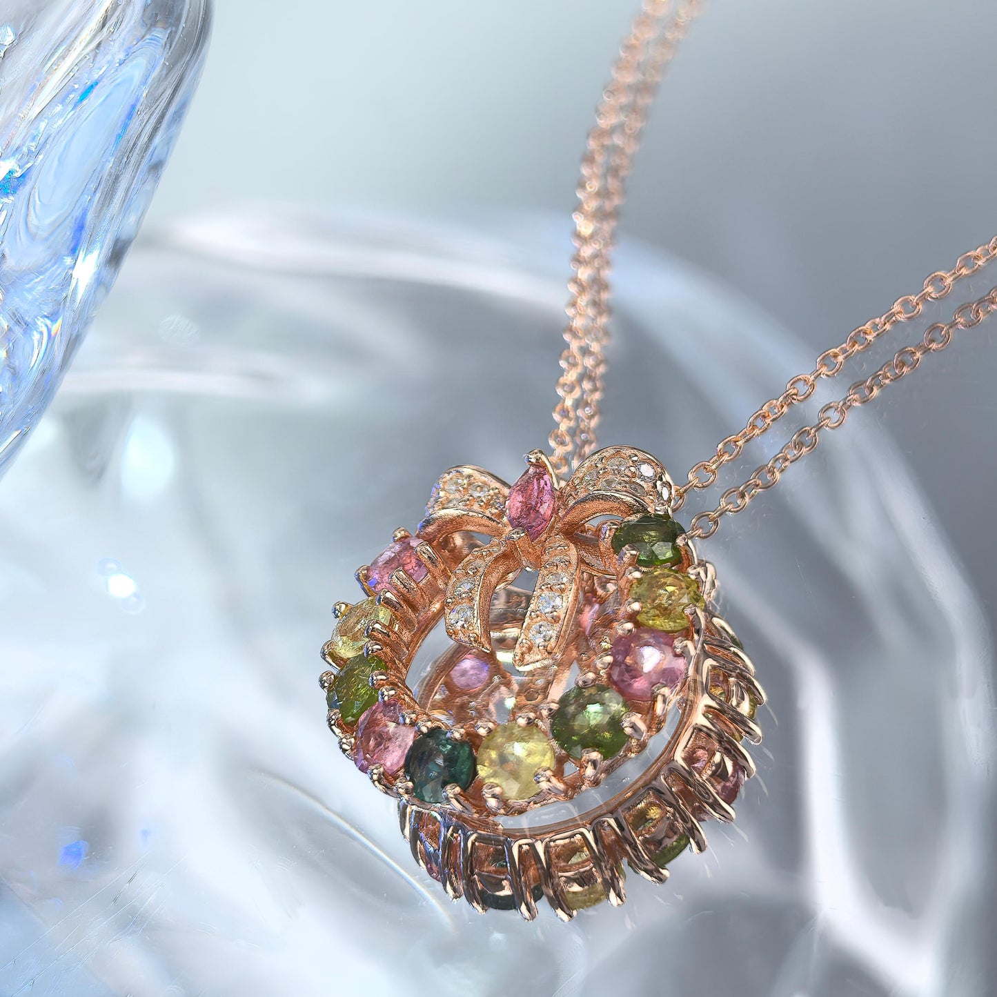 Delicate Rose Gold Plated Silver 925 Jewelry Natural Tourmaline Bow Necklace