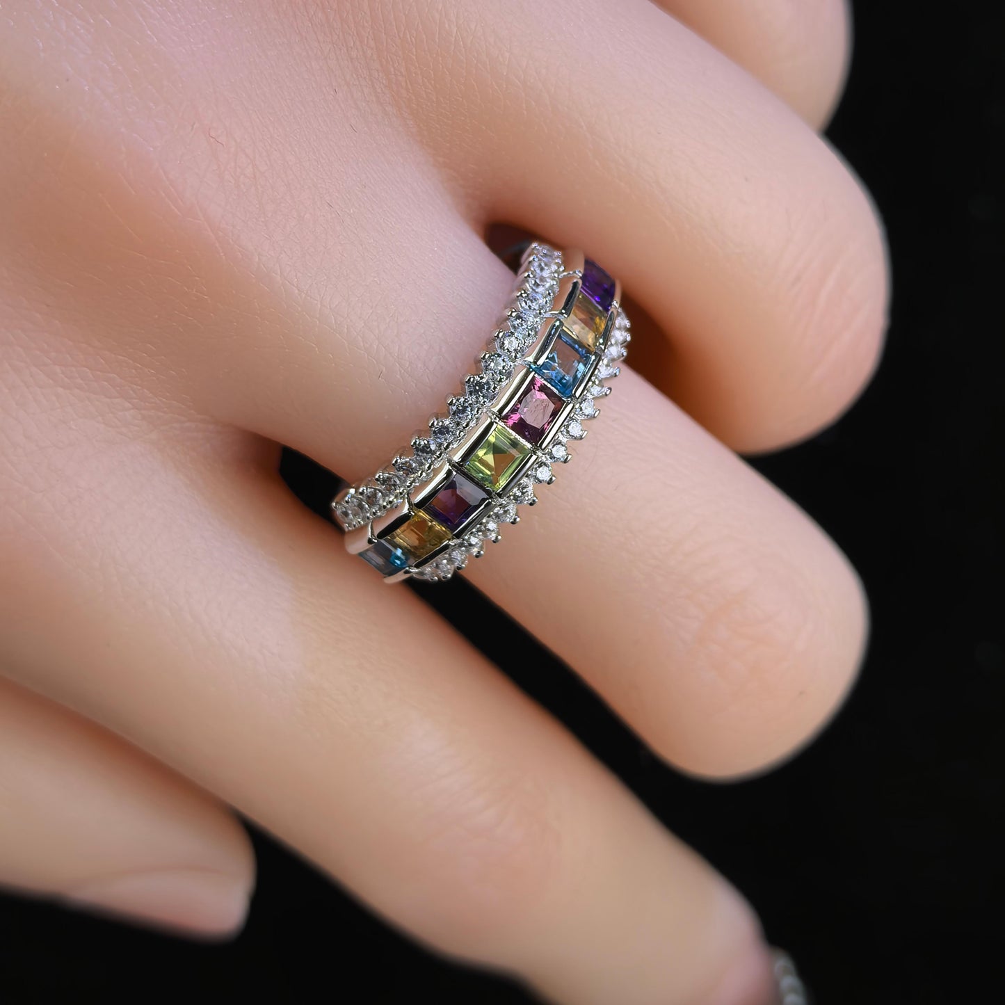 Exquisite Rhodium Plated 925 Silver Jewelry Multiple Natural Gemstone Ring