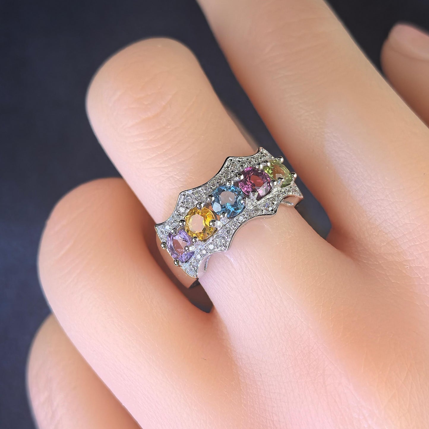 Charming Rhodium Plated 925 Silver Jewelry Multiple Natural Gemstone Ring