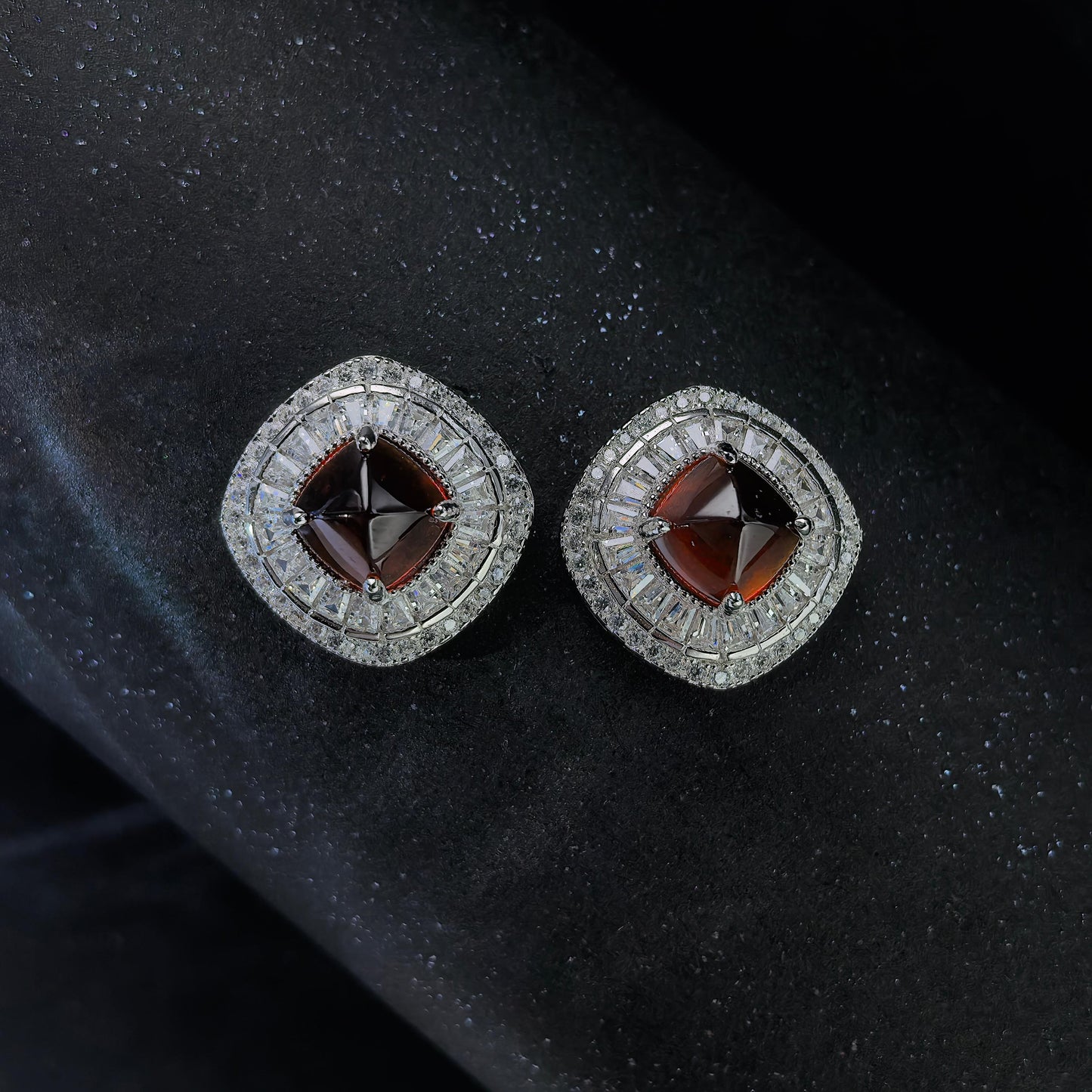 925 Sterling Silver Natural Mandarin Garnet Stud Earrings Charming Rhodium Plated