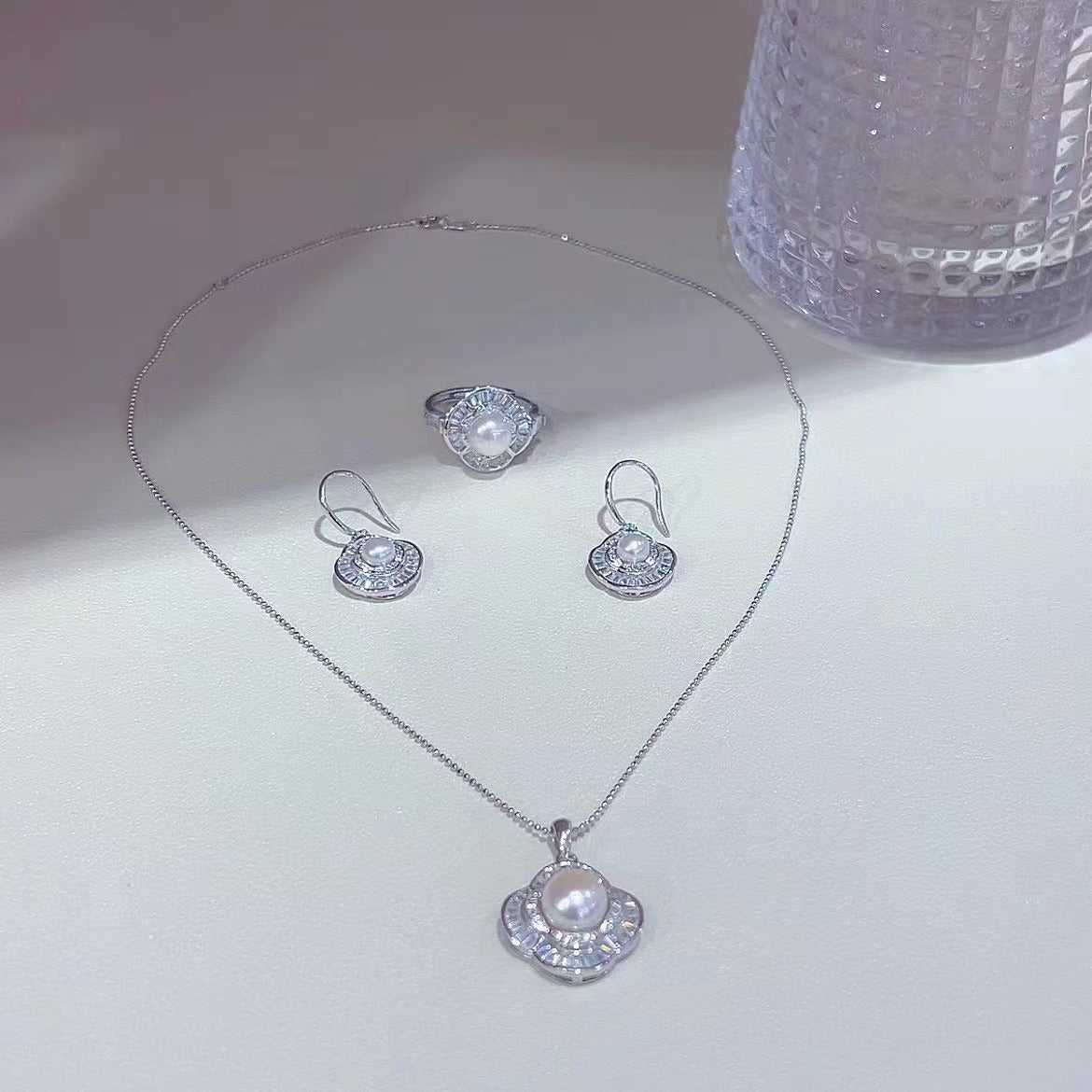 Elegant 925 Sterling Silver Freshwater Pearl Flower Jewelry Set Rhodium Plated