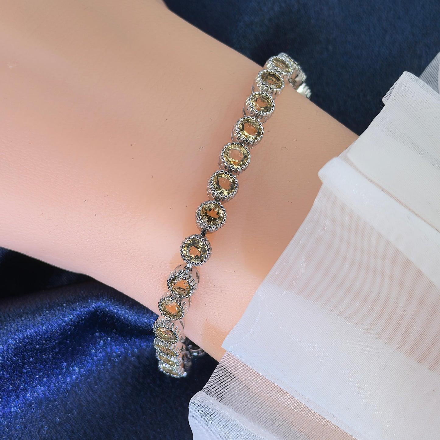 Delicate Rhodium Plated Silver 925 Jewelry Natural Citrine Bracelet