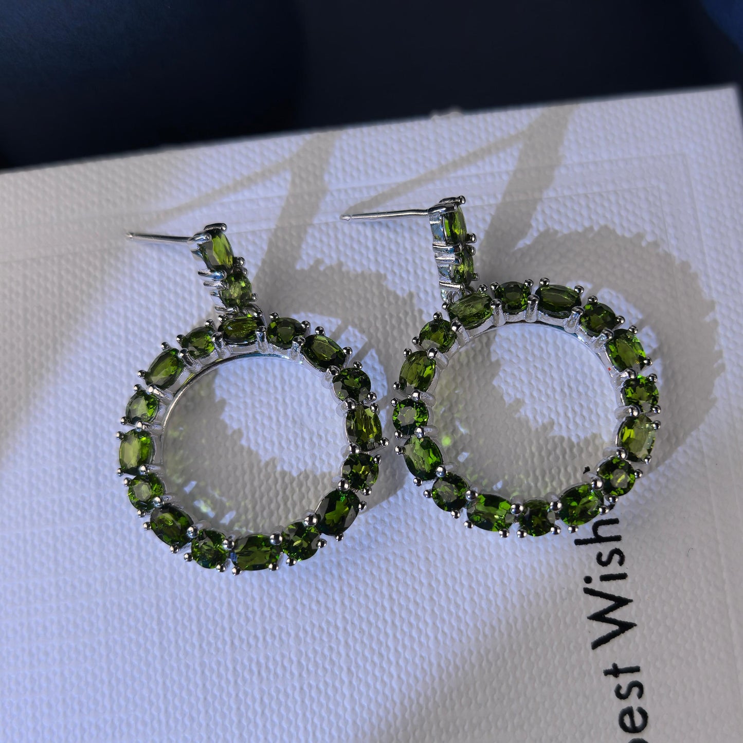 Rhodium Plated 925 Silver Geometric Roundcircle Natural Diopside Statement Drop Earrings