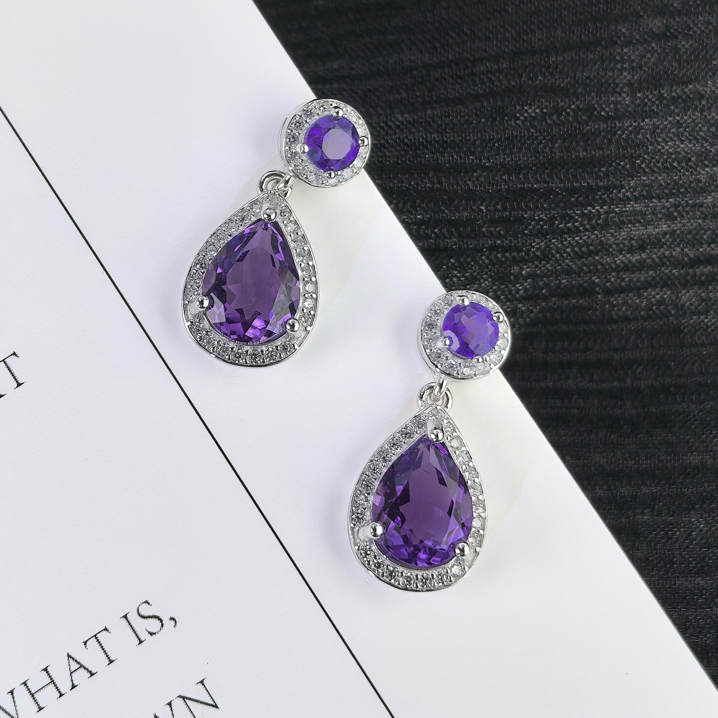 Precious Rhodium Plated 925 Silver Jewelry Natural Amethyst Drop Earrings