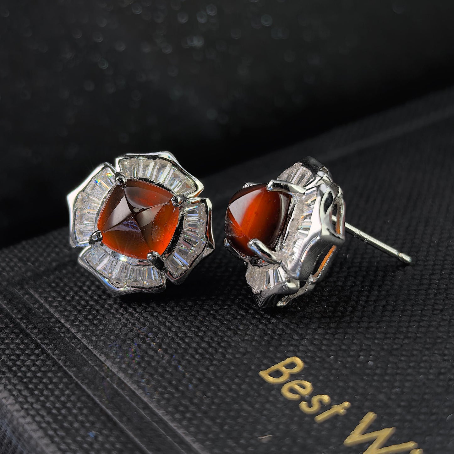 Gorgeous Rhodium Plated 925 Silver Jewelry Natural Mandarin Garnet Stud Earrings
