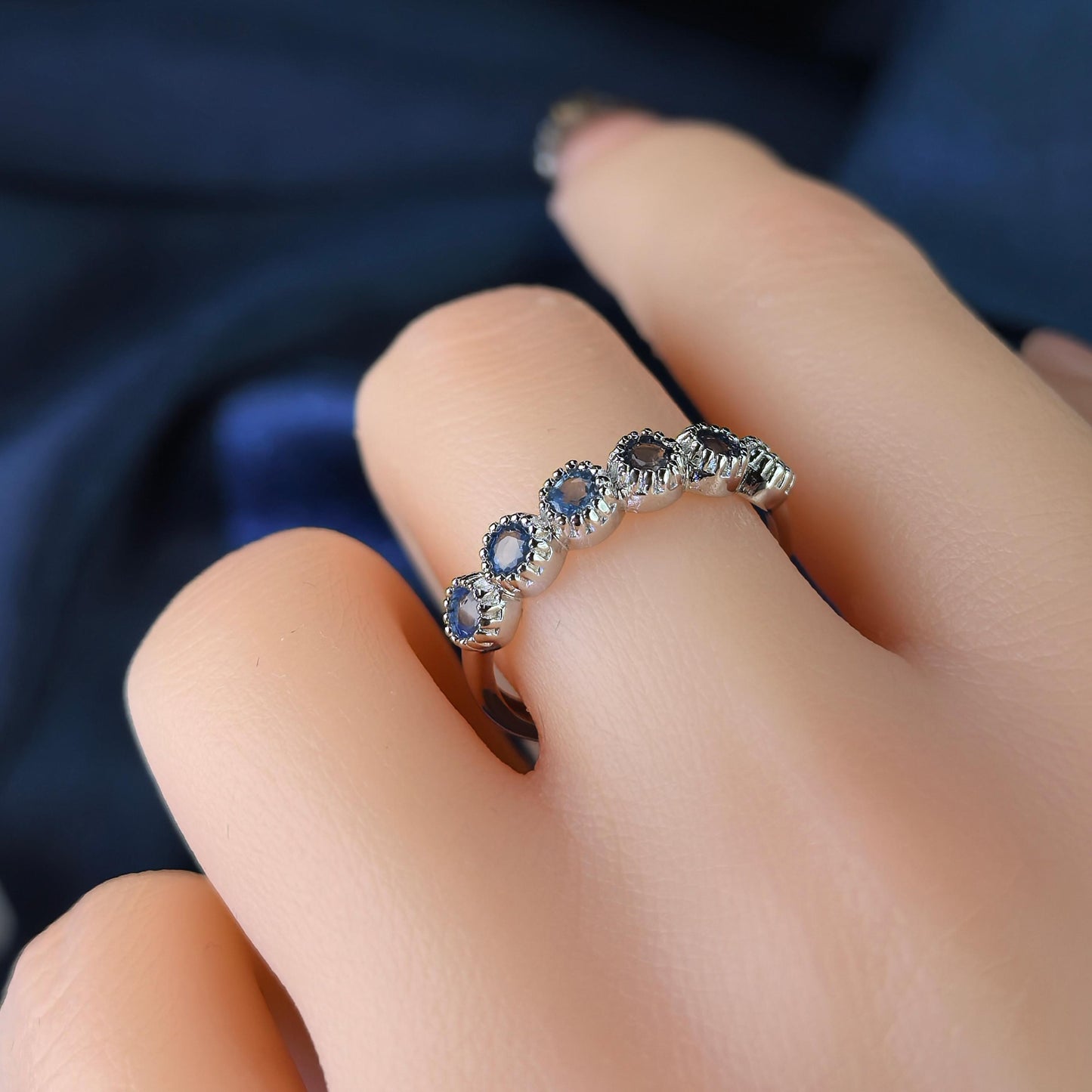 Delicate Rhodium Plated 925 Silver Jewelry Natural Sapphire Ring