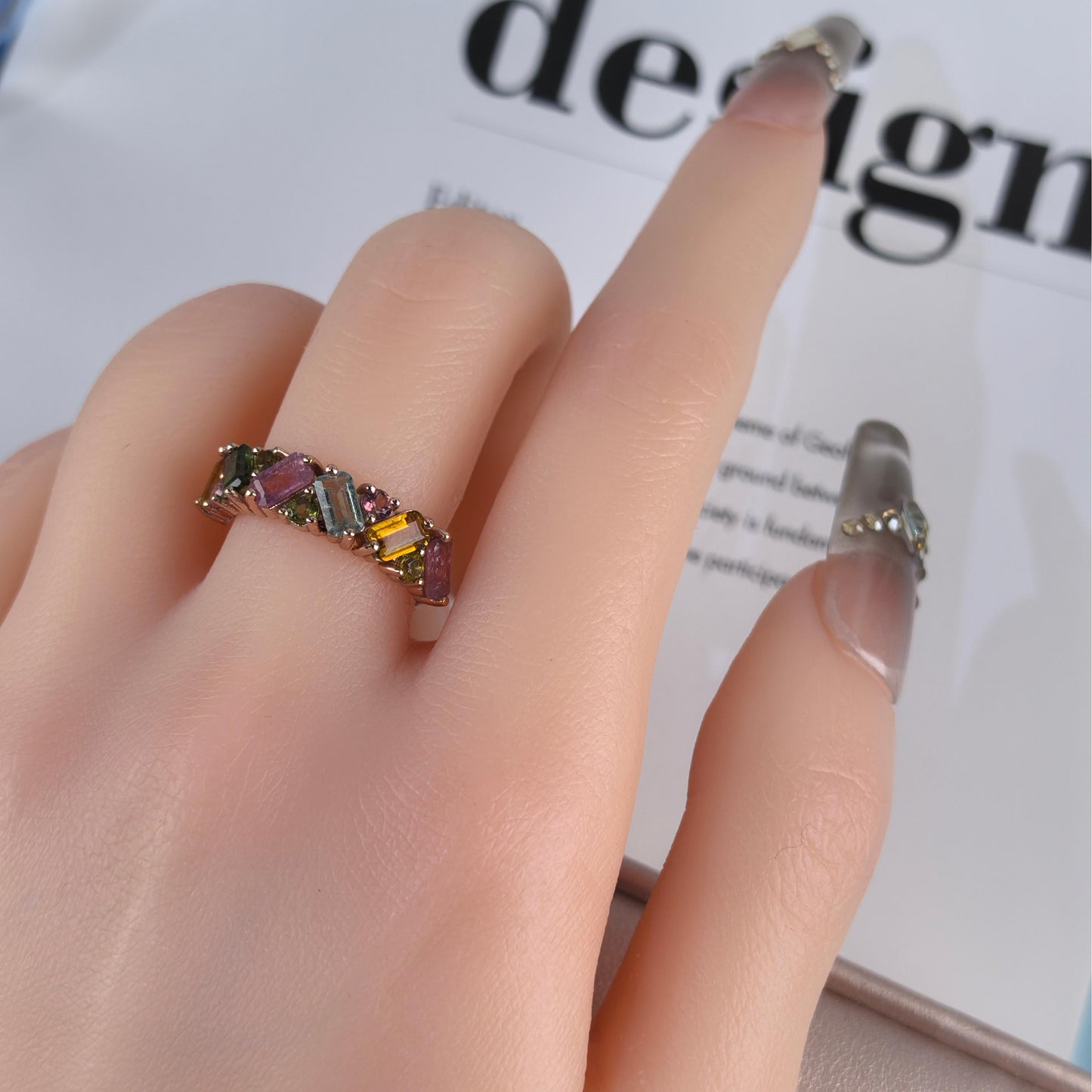 Unique Rose Gold Plated Silver 925 Jewelry Natural Tourmaline Ring