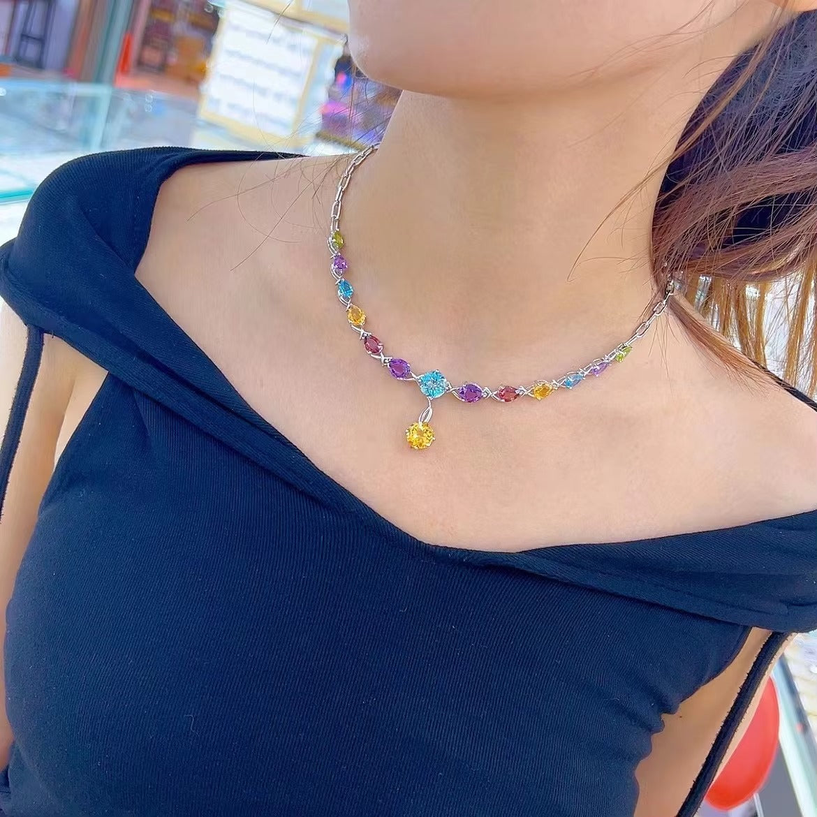Luxurious Rhodium Plated Silver 925 Jewelry Multiple Natural Gemstone Necklace