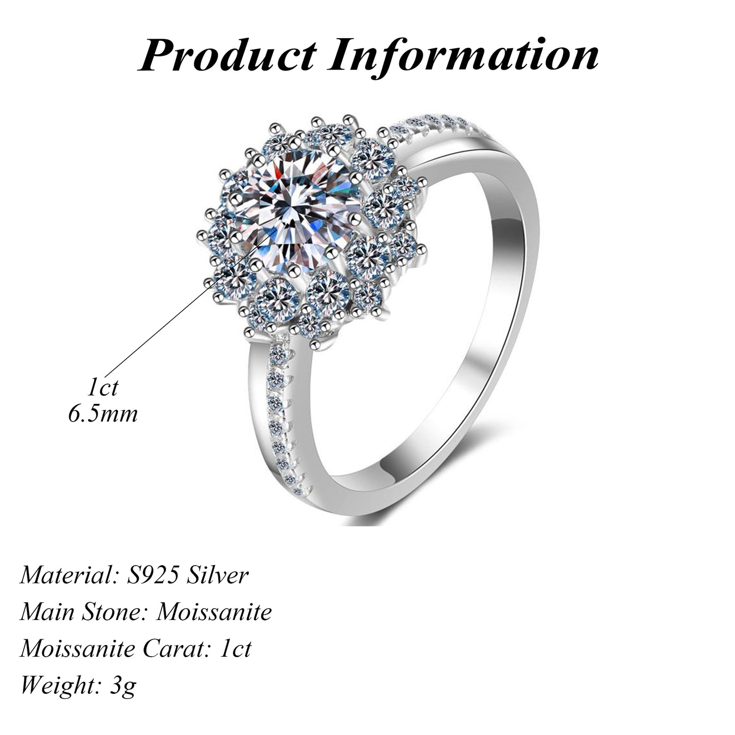 S925 Sterling Silver Round Cut Moissanite Sunflower Ring Elegant Jewelry 1ct
