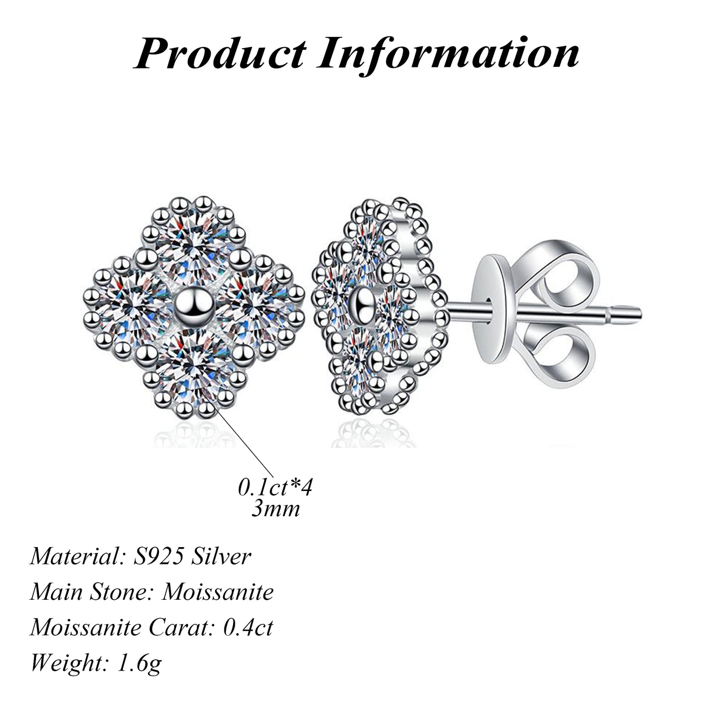 GRA Certificated 925 Sterling Silver Stud Earrings with Moissanite
