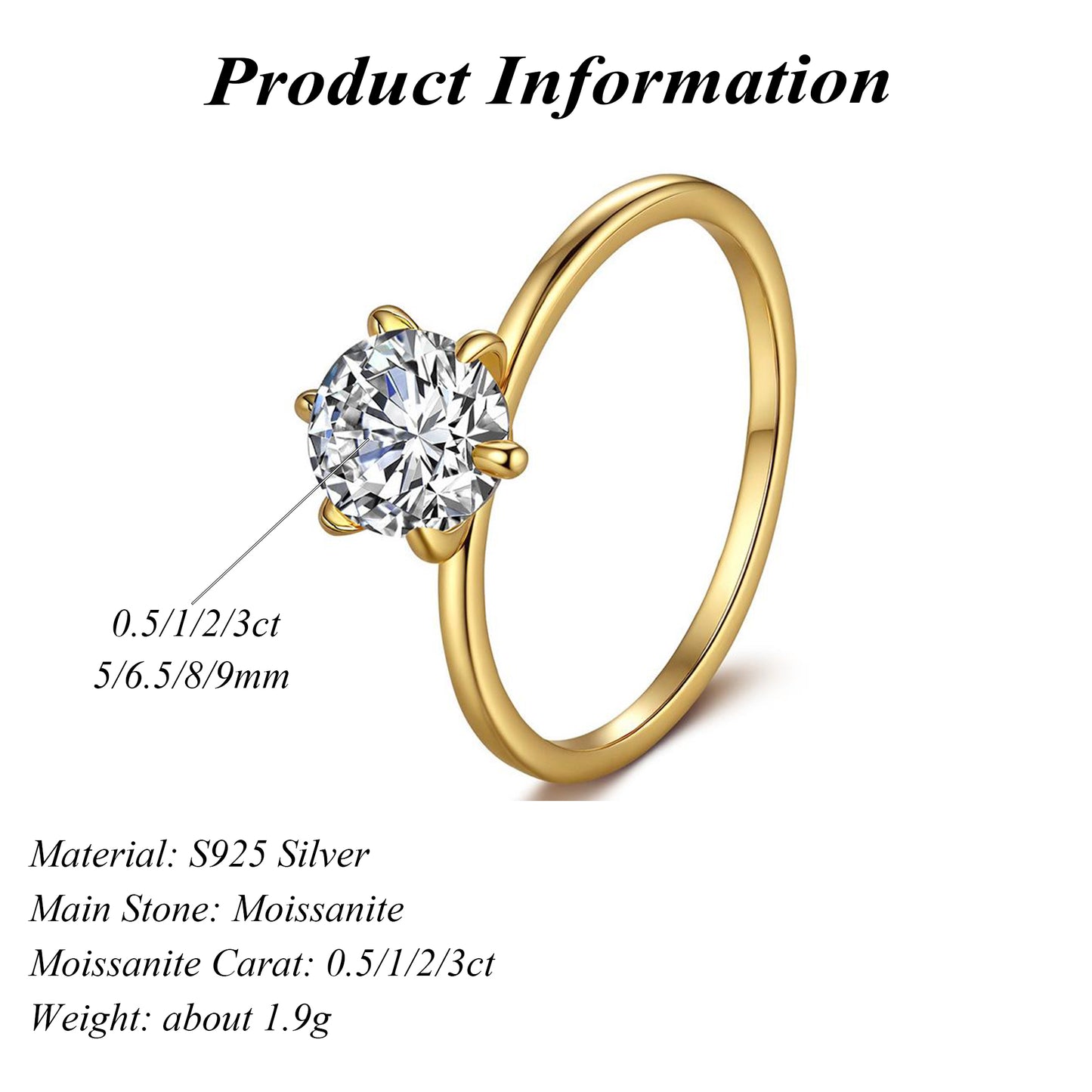 925 Sterling Silver 14K Gold Plated Six Prong Solitaire Moissanite Women's Ring 0.5ct/1ct/2ct/3ct