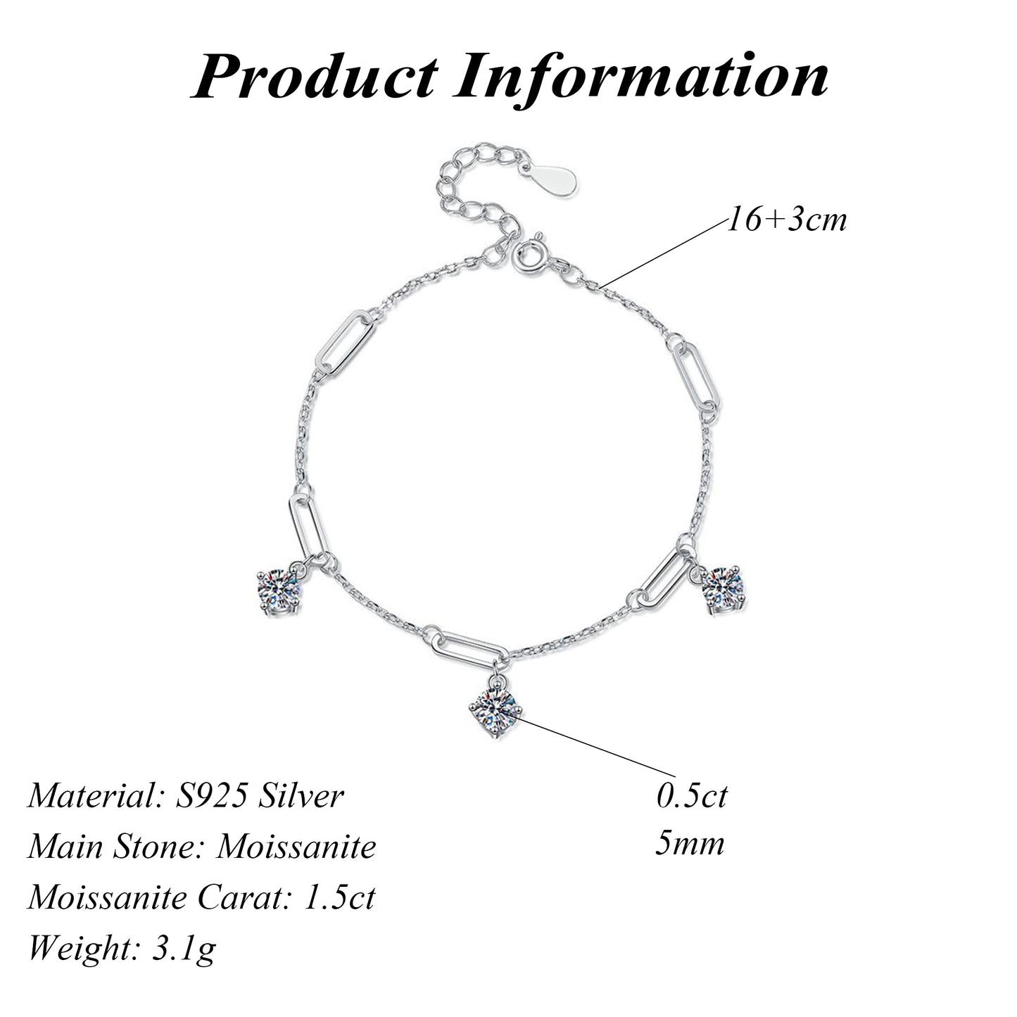1.5 CT Cut Moissanite Bracelet for Women 925 Sterling Silver