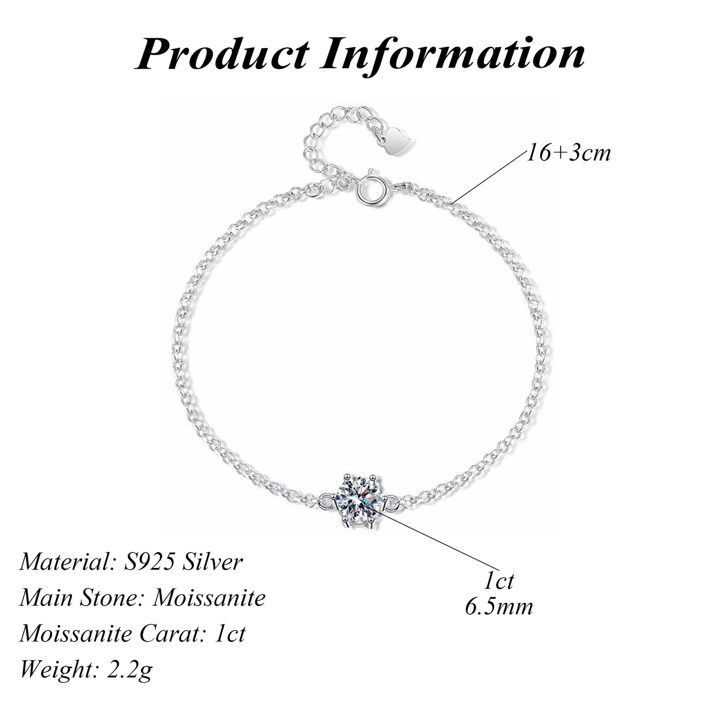 Sweet and Versatile Hexagram Snowflake S925 Sterling Silver Round Cut Moissanite Bracelet Female 1ct