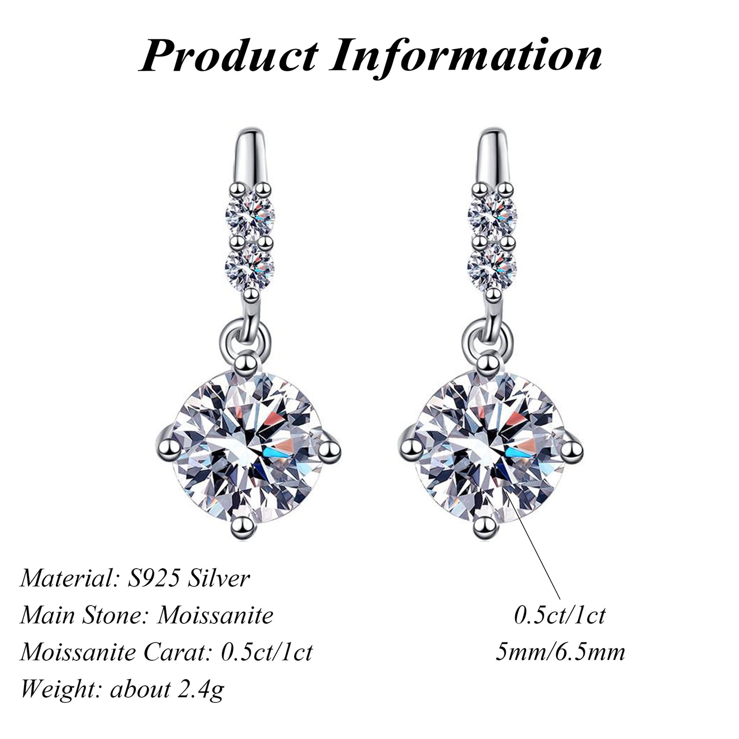 Tassel S925 Sterling Silver Round Cut Moissanite Earrings 0.5ct/1ct